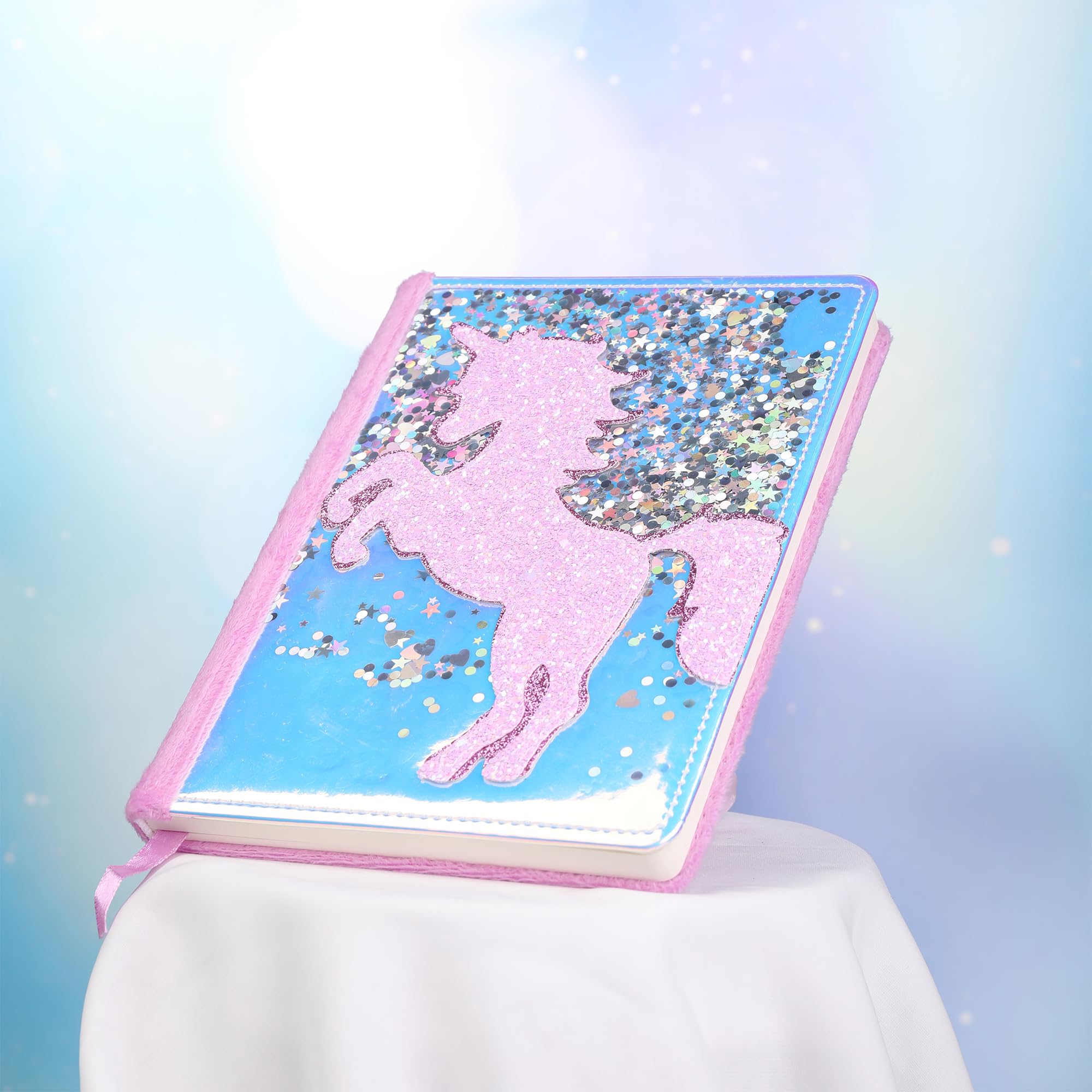 TIEFOSSI Einhorn Glitzer Tagebuch für Mädchen, Geschenk für 6 7 8 9 10-12 Jährige Mädchen, Flauschiges Tagebuch für Kinder, A5 liniertes Notizbuch zum Schreiben und Zeichnen, Niedliches Notizbucher