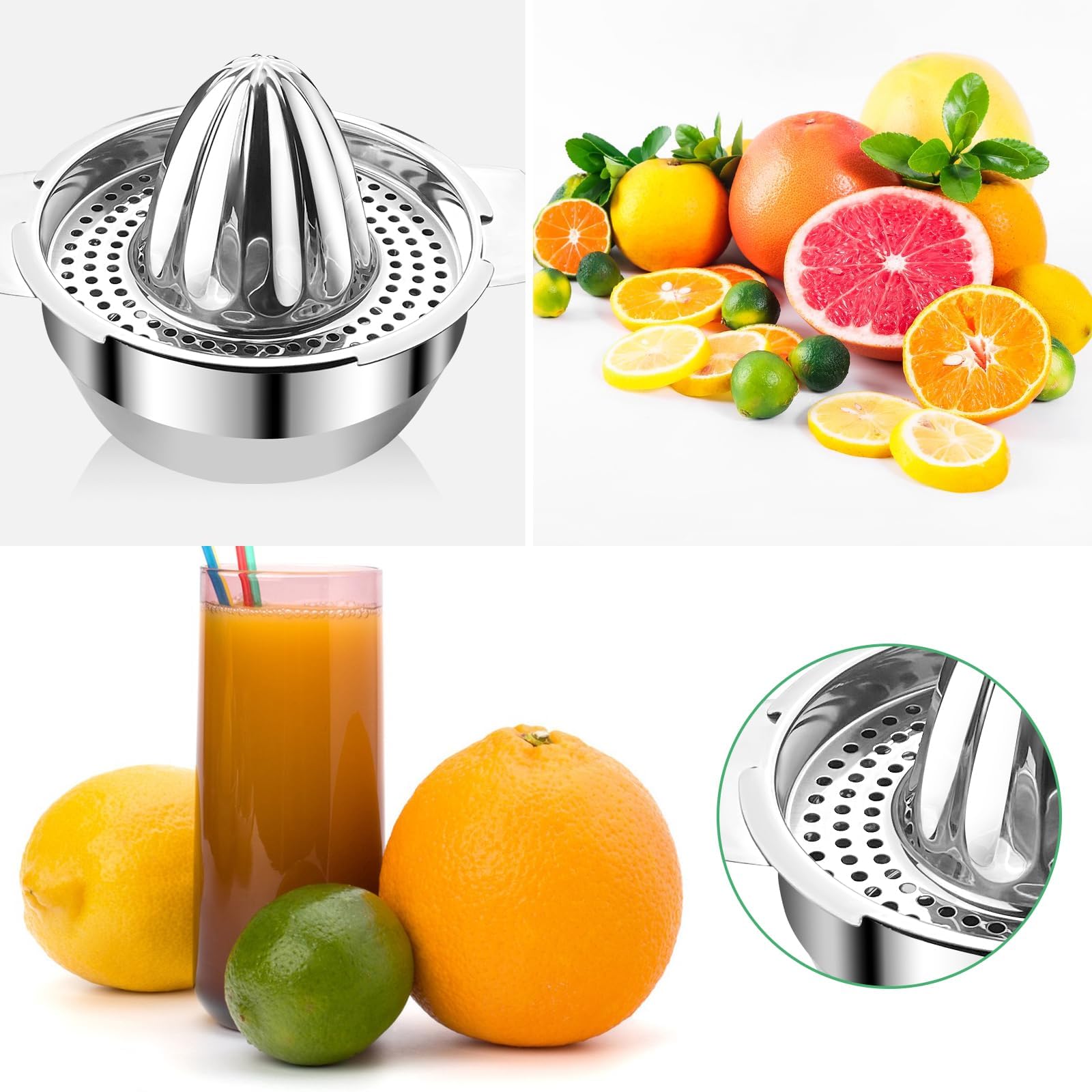 Frevoitna Zitronenpresse Edelstahl, Zitruspresse Manuell mit Behälter 300ml Robust Profiqualität Spülmaschinengeeignet, Zitronen Entsafter für Zitronen Grapfruit und Zitrusfrüchte