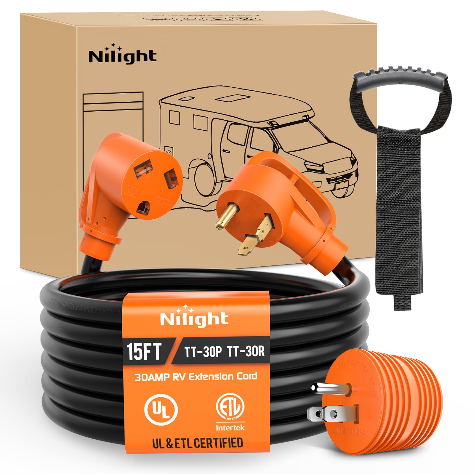 Nilight 15FT 30 Amp RV Extension Cord with Adapter 15Amp to 30Amp 125V Heavy Duty 10/3 Gauge Pure Copper STW Wire UL ETL Listed 3 Prong TT-30P TT-30R