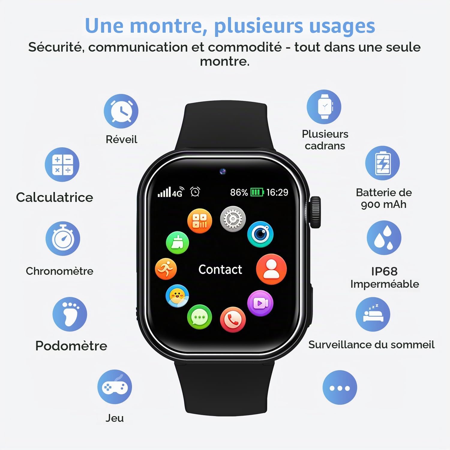 4G Montre Connectée Enfant, Montre Telephone Enfant avec GPS, Appel Vidéo, Chat Vocal, SOS, Mode Classe, Double Caméra, Lampe Torche, IP68, Podomètre, Réveil, Cadeau pour Filles Garçons, Noir