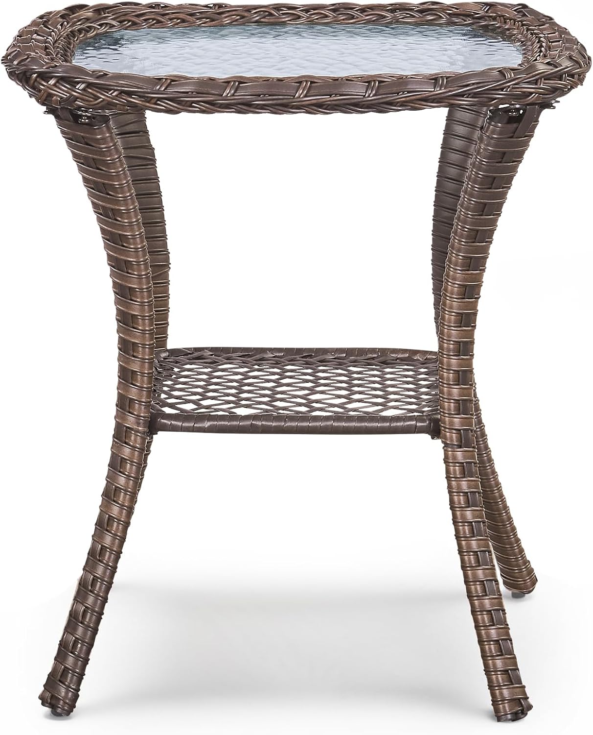Patio Coffee Table for Outdoor Furniture Set - 2-Tier Storage Wicker Side Tables with Smooth Clear Tempered Glass Tabletop for Outside Wicker Rocking Swivel Chairs in Porch Deck Yard - Brown