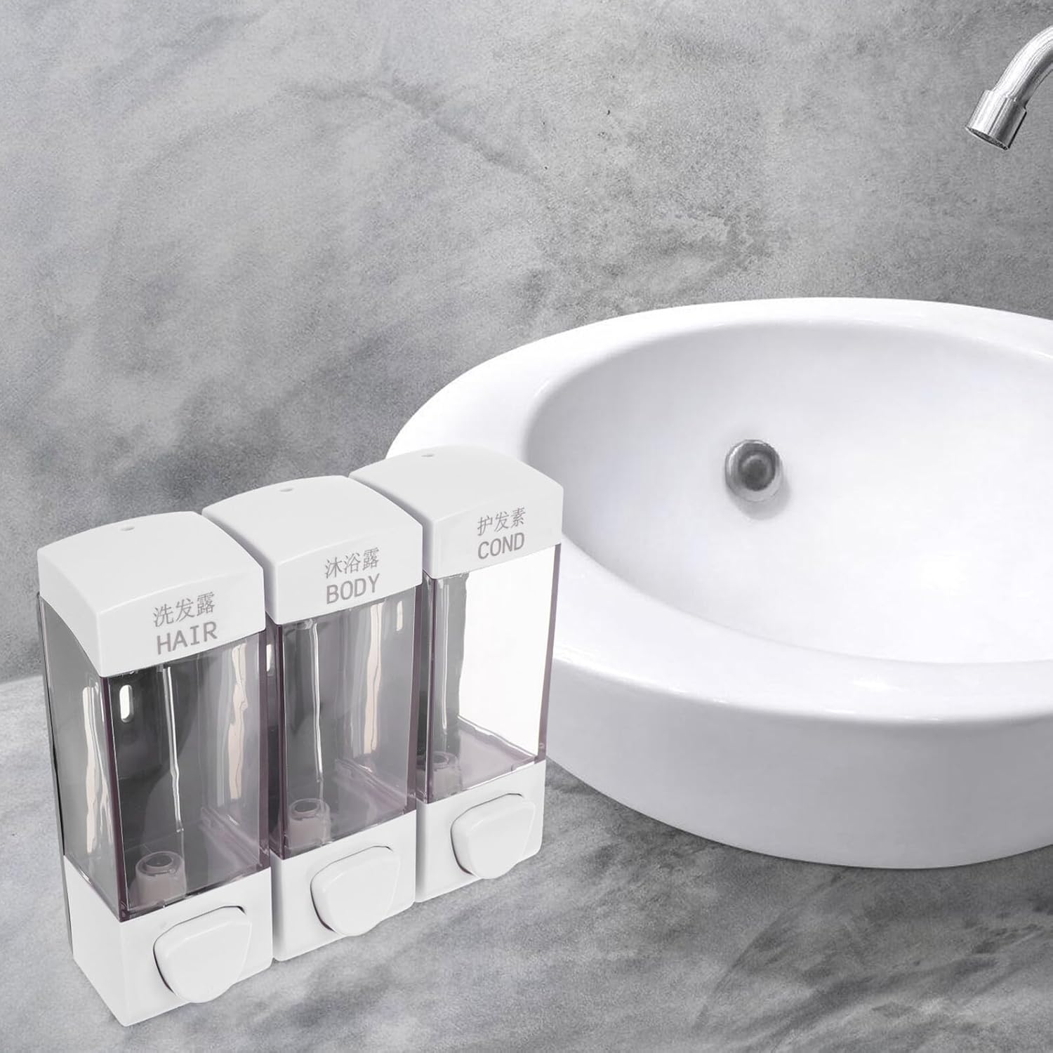 3-Chamber Wall Mount Shampoo Body Wash Dispenser No Drill Installation White Plastic Shower Liquid Soap Holder for Bathroom and Travel