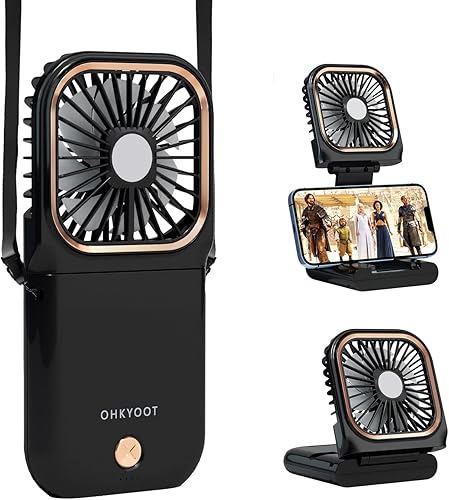 OHKYOOT Mini ventilador portátil de viaje 5 en 1 USB recargable pequeño ventilador como soporte para teléfono banco de energía ventilador de cuello