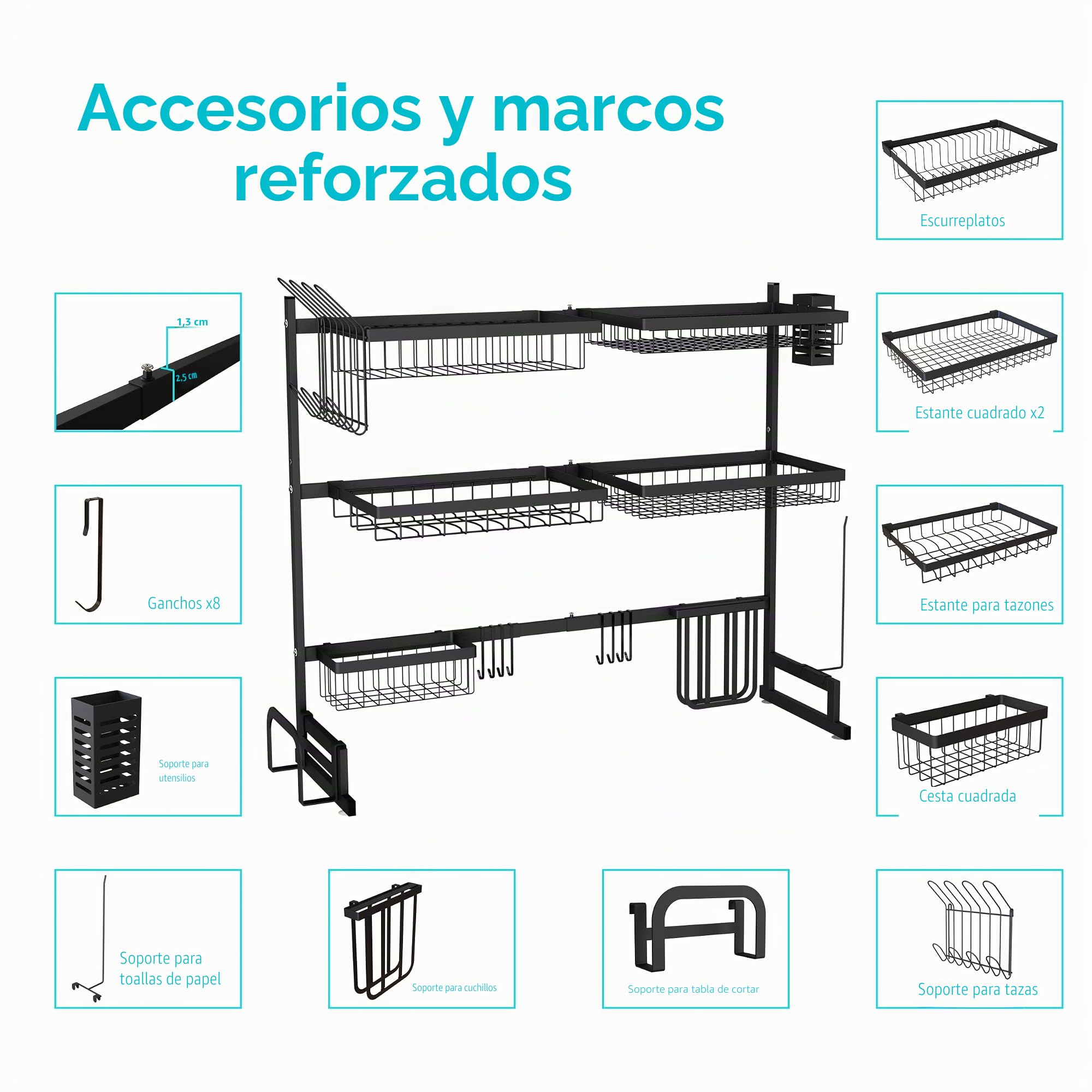 Escurridor de platos sobre el fregadero, 3 niveles de acero inoxidable ajustable (33''-40'') escurridores de platos grandes para almacenamiento en mostrador (negro)