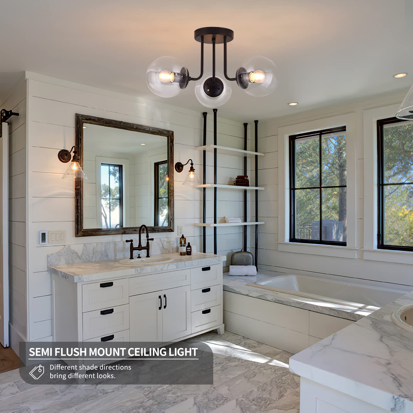 KoKo&Yukina 3-Light Semi Flush Mount Ceiling Light Globe Ceiling Light Mid Century Ceiling Light with Clear Glass Globe & Matte Black for Bedroom Hallway Entryway Kitchen Living Room (Bulb Incl.)