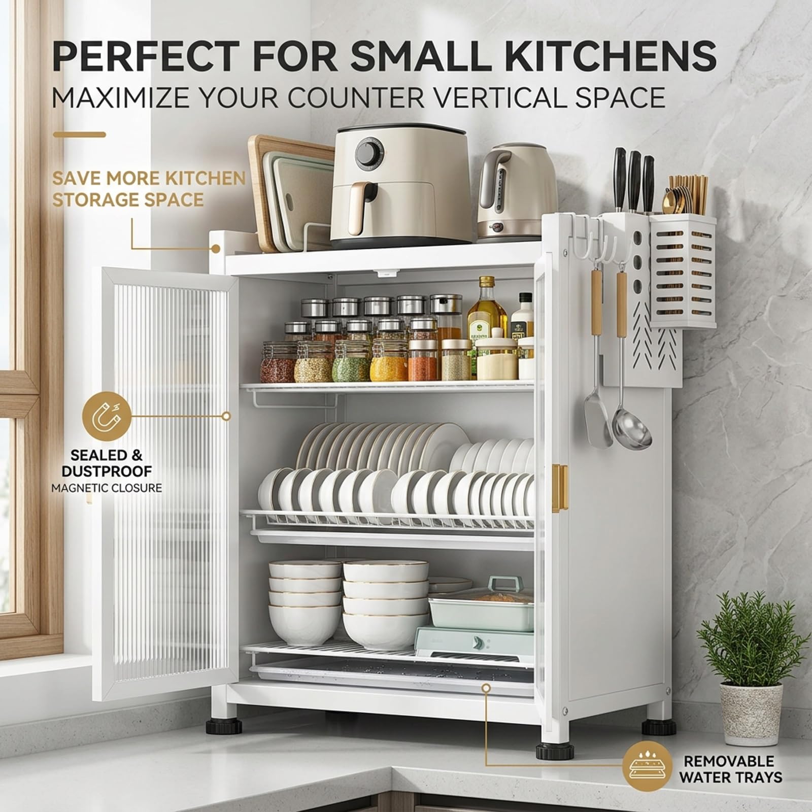 Escurridor de platos de 3 niveles con puerta, organizador de cocina negro