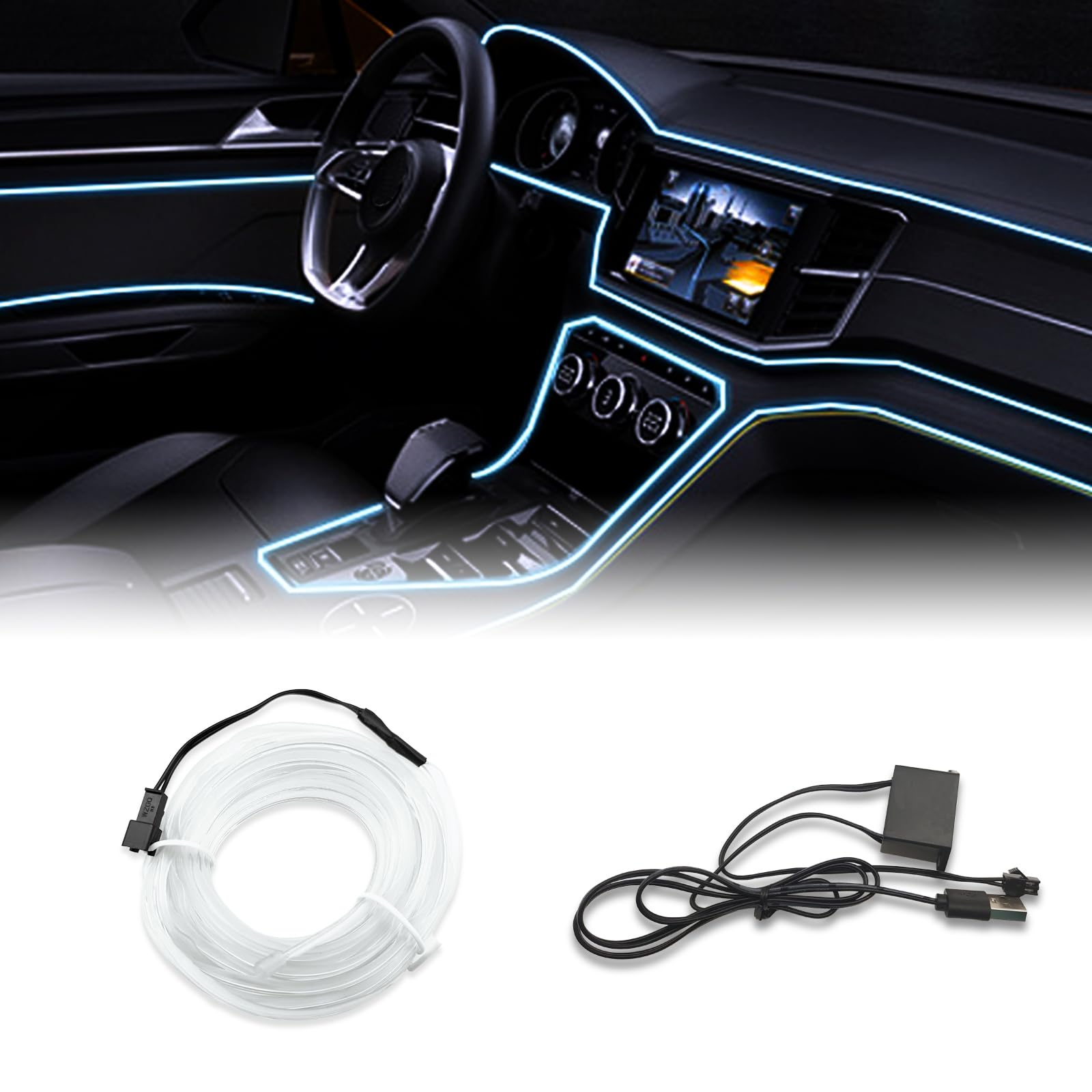 EL Wire Interior Car LED Strip Lights, 5M Neon Wire USB 5V with Fuse Protection for Automotive Car Interior Decoration with 6mm Sewing Edge, Car Garden Party Decoration, Ice Blue