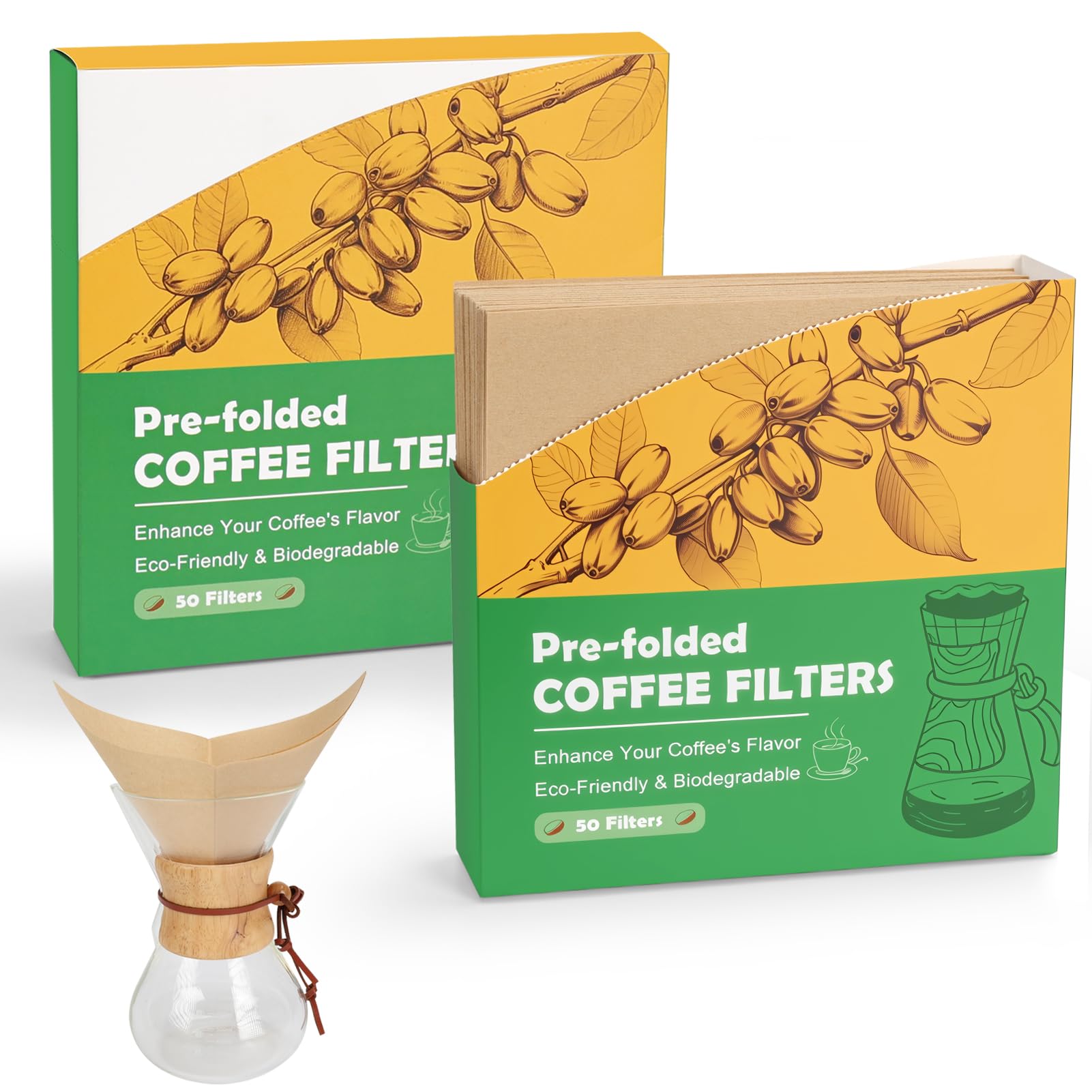 YQL Pre-folded Pour Over Coffee Filter, Disposable Unbleached Natural Paper Filters for Pour Over &amp; Drip Coffee Makers，Double Supply Pack (100 Count)