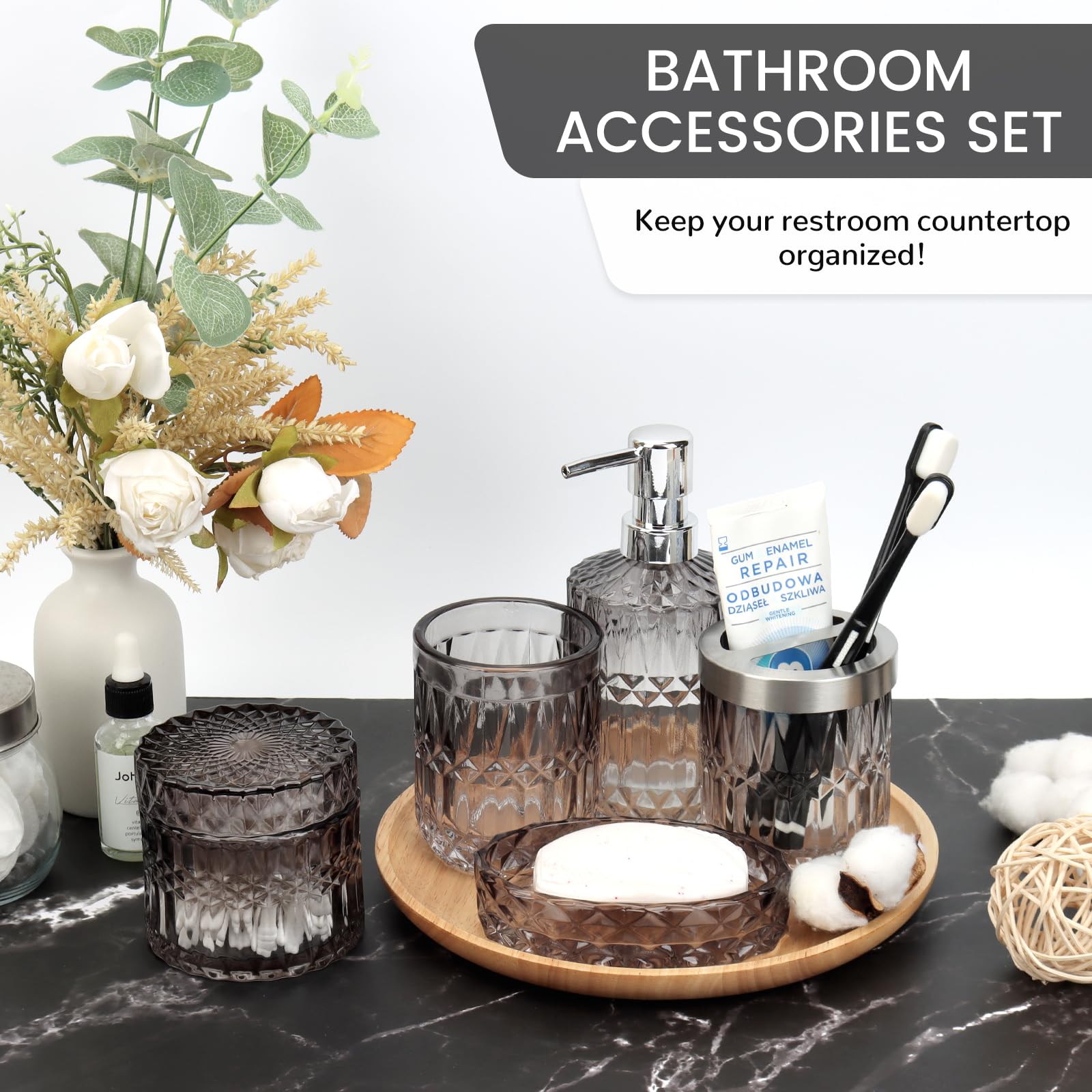 Juego de 5 accesorios de baño, dispensador de loción de jabón de vidrio, soporte para cepillo de dientes, vaso, jabonera y tarro organizador, decoración moderna de baño y cocina para maximizar el