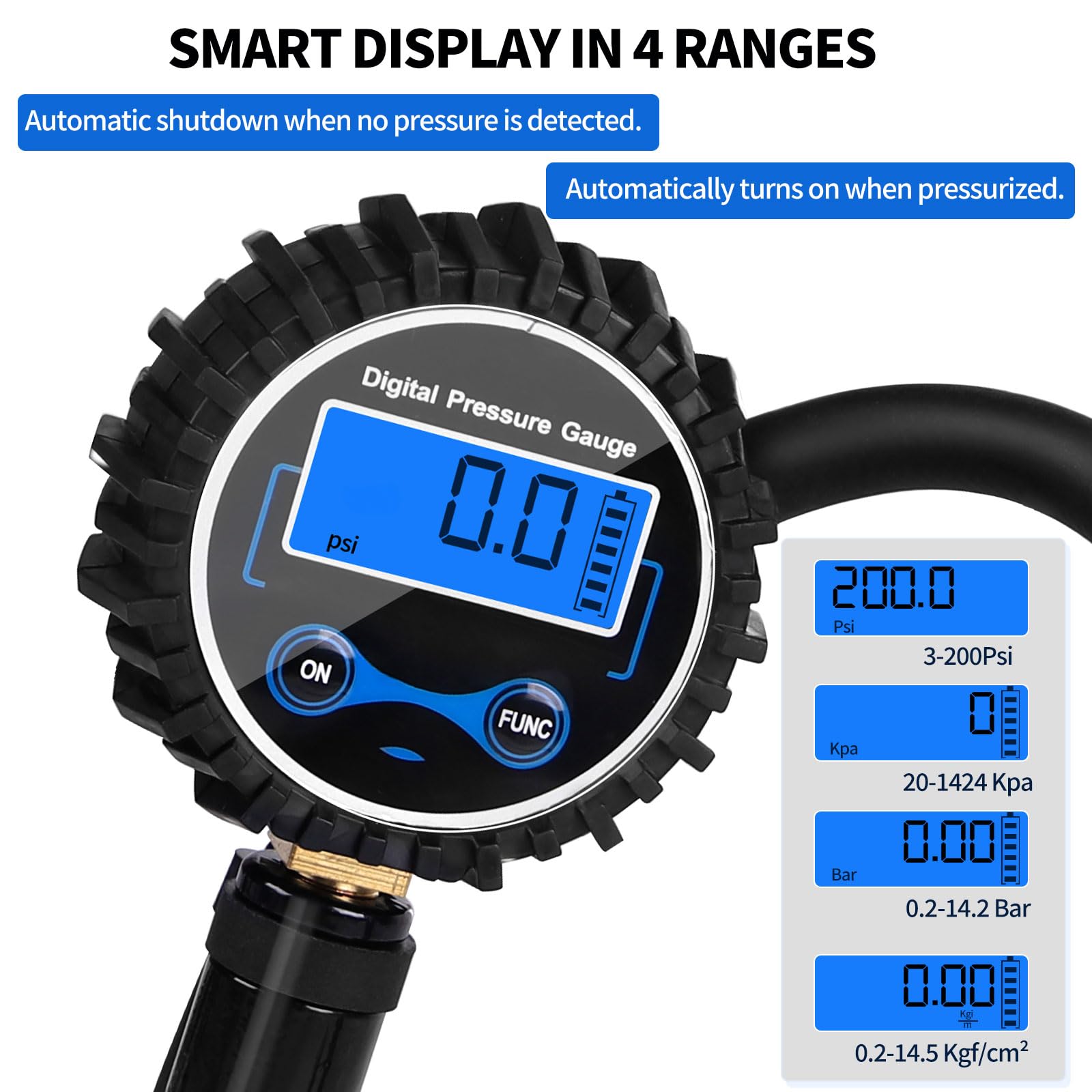 SWAWIS Manometro Pressione Gomme 200 PSI Pistola Gonfiaggio Pneumatici Manometro Digitale Kit Gonfiaggio Pneumatici Auto Gonfiatore per Pneumatici per Auto, Moto, Bicicletta