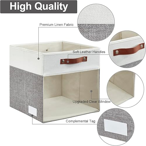 Miniatura 4 de Cubos de almacenamiento con ventana transparente de tela de lino plegables con asas, 13 x 13 pulgadas, almacenamiento plegable para estante y