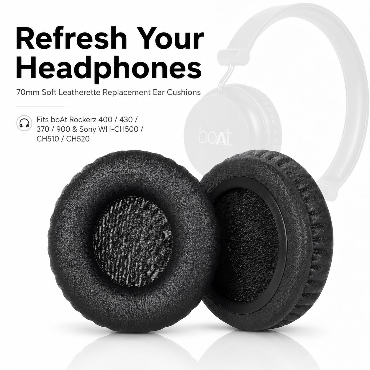 Replacement Ear Cushions for Boat Rockerz 400, 430, 370, 900 and Sony WH-CH500/CH510/CH520 Headphones – 70mm Soft Leatherette Earpads with Memory Padding – Black — Amazon image 2