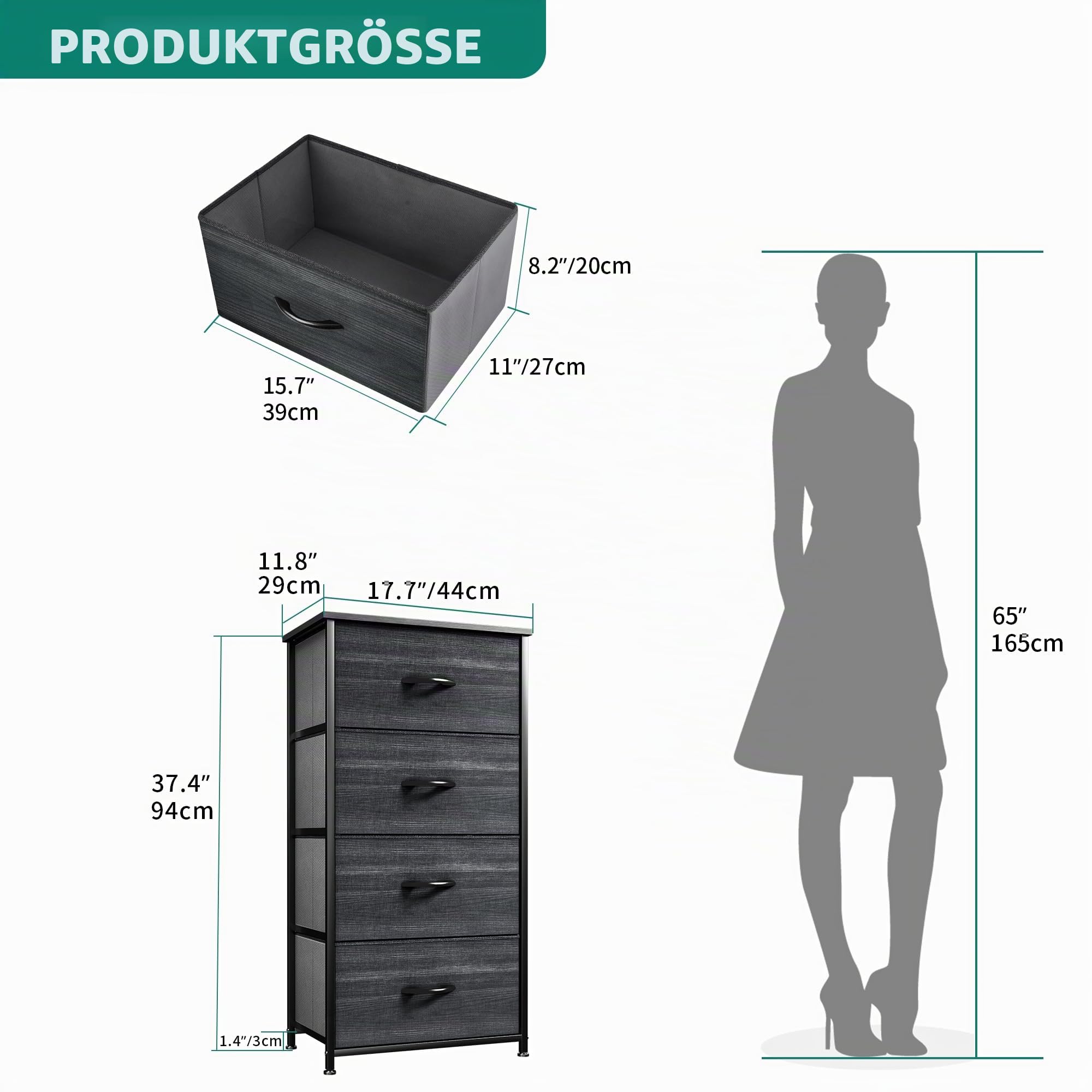 YITAHOME Kommode, 4 Stoffschubladen mit Griffen, Aufbewahrungsschrank, Schubladenschrank, Schrank, Metallgestell, stoffkommode für Schlafzimmer, für Wohnzimmer, Flur, Büro, Schwarze Holzmaserung