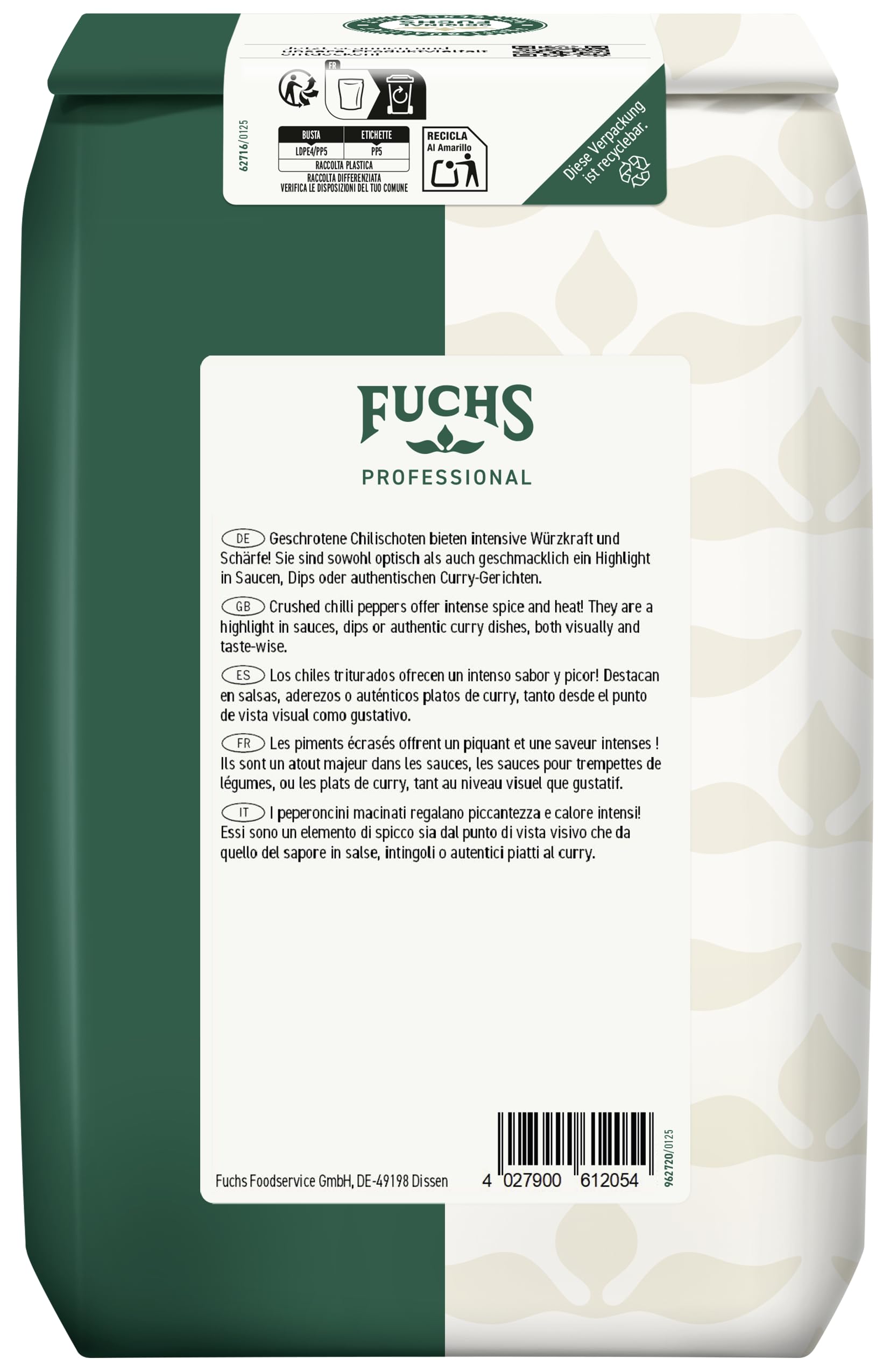 Fuchs Professional - Piment fort écrasé | 0,7 kg | Donne au chili à la carne le bon piquant | Qualité professionnelle pour les gros consommateurs