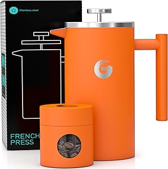 Coffee Gator French Press Coffee Maker 34oz, Double Insulated Stainless Steel Brewer plus Travel Jar Canister, Portable Hot Cold Brew Tea for Coffee Bar Accessories Kitchen Camping, Orange