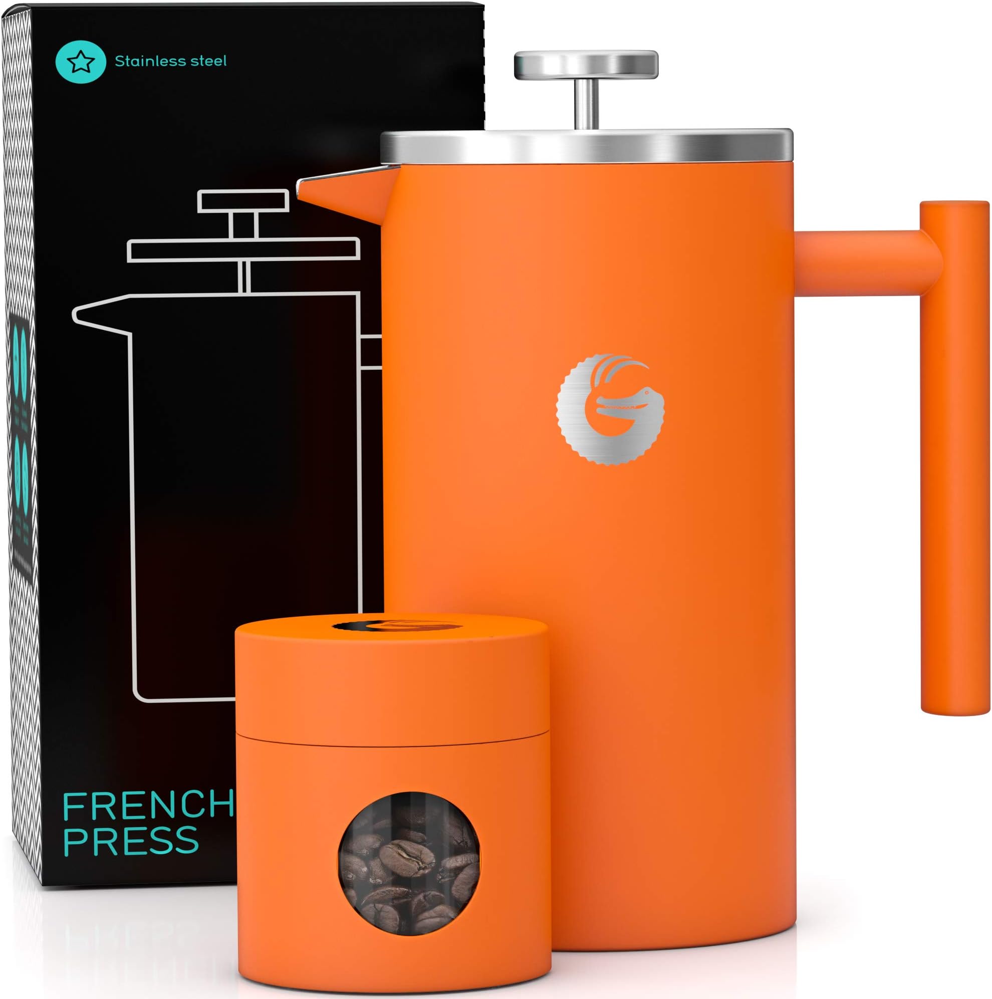 Coffee Gator Coffee Maker | 34 Oz | Stainless Steel Cafetiere - Keeps Coffee Hotter Longer With Vacuum Insulated Sides - FREE Mini Coffee Storage Canister - Orange Edition