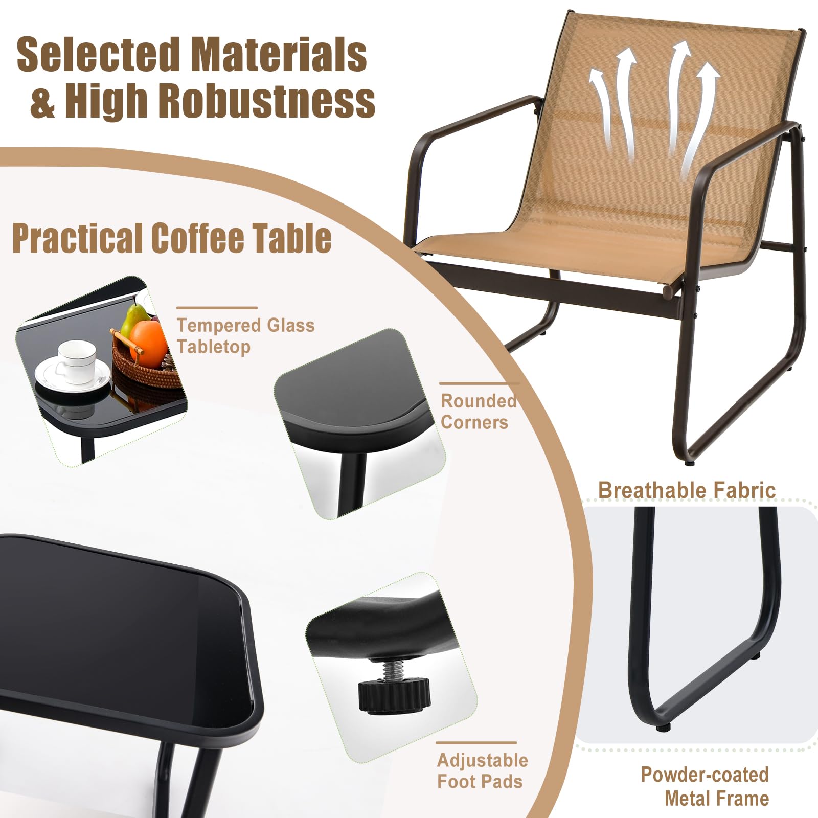KOMFOTTEU Set Salon Jardin 3 Pièces Gris – 2 Fauteuils + Table Ronde, Confort Extérieur Pour Terrasse, Balcon Ou Patio