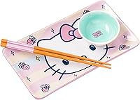 Vista 22 de Silver Buffalo Sanrio Hello Kitty - Juego de sushi de cerámica con lazo rojo y blanco con plato de salsa y palillos a juego