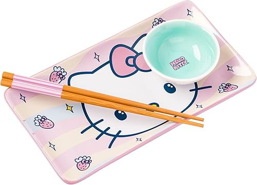 Miniatura 22 de Silver Buffalo Sanrio Hello Kitty - Juego de sushi de cerámica con lazo rojo y blanco con plato de salsa y palillos a juego