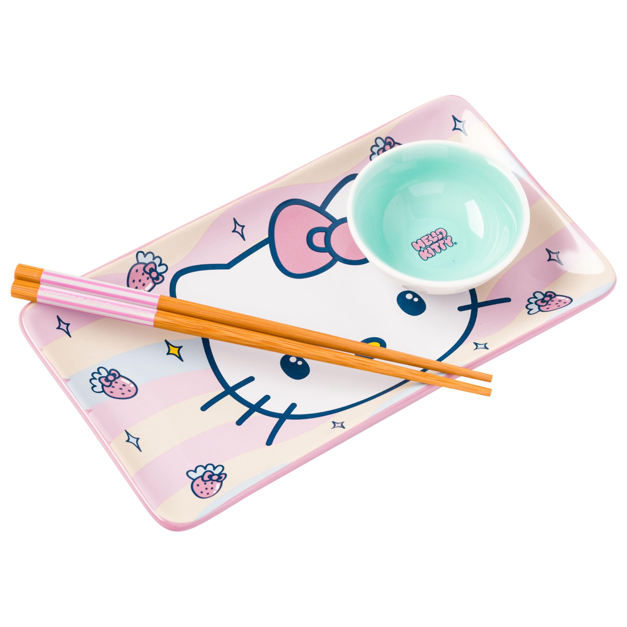 Silver Buffalo Sanrio Kawaii Ceramic Sushi Set with Dipping Sauce Dish and Matching Chopsticks: Hello Kitty Strawberries and Bows