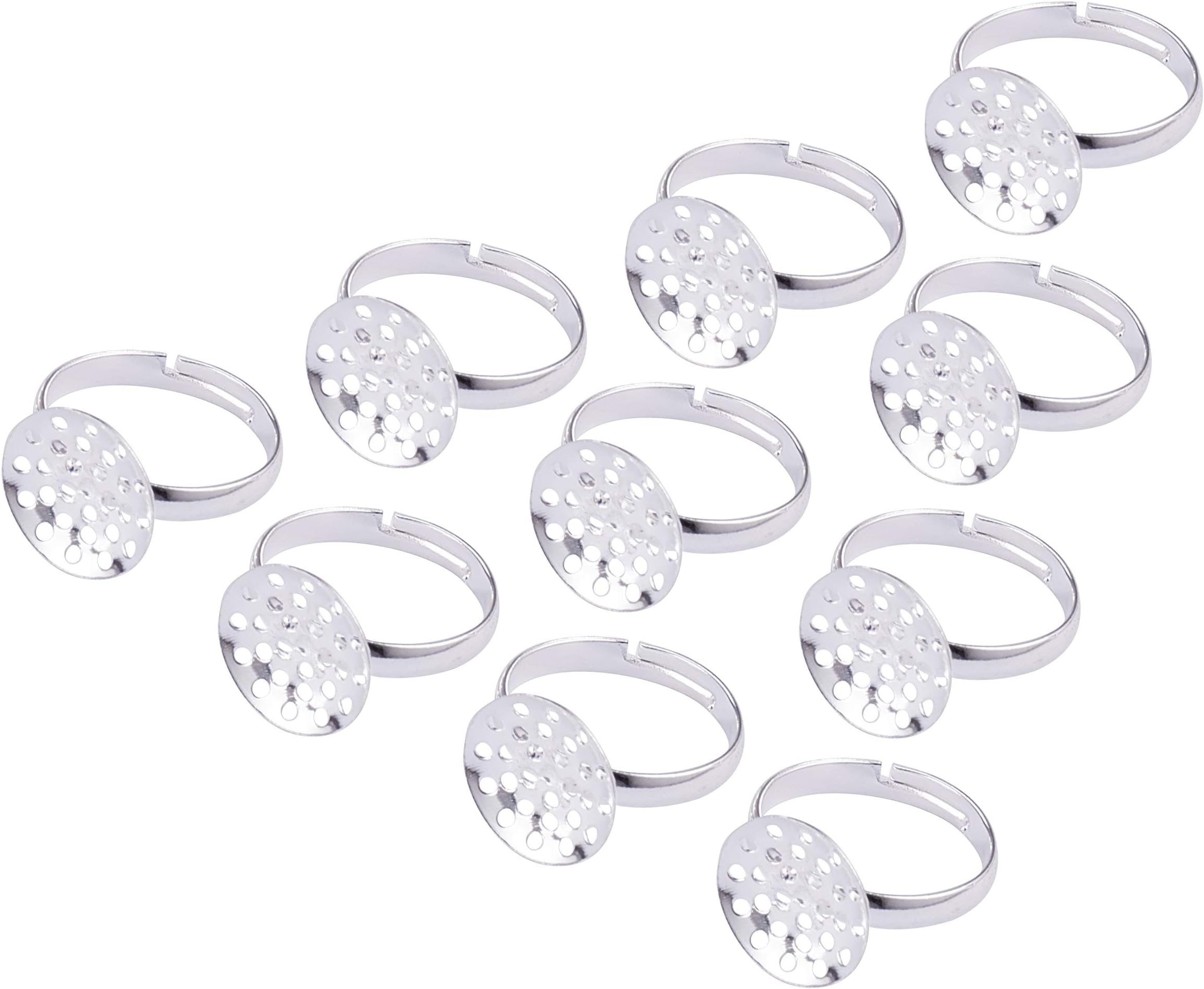 PandaHall 10pcs 14mm Ajustable Silver Brass Sieve Ring Bases