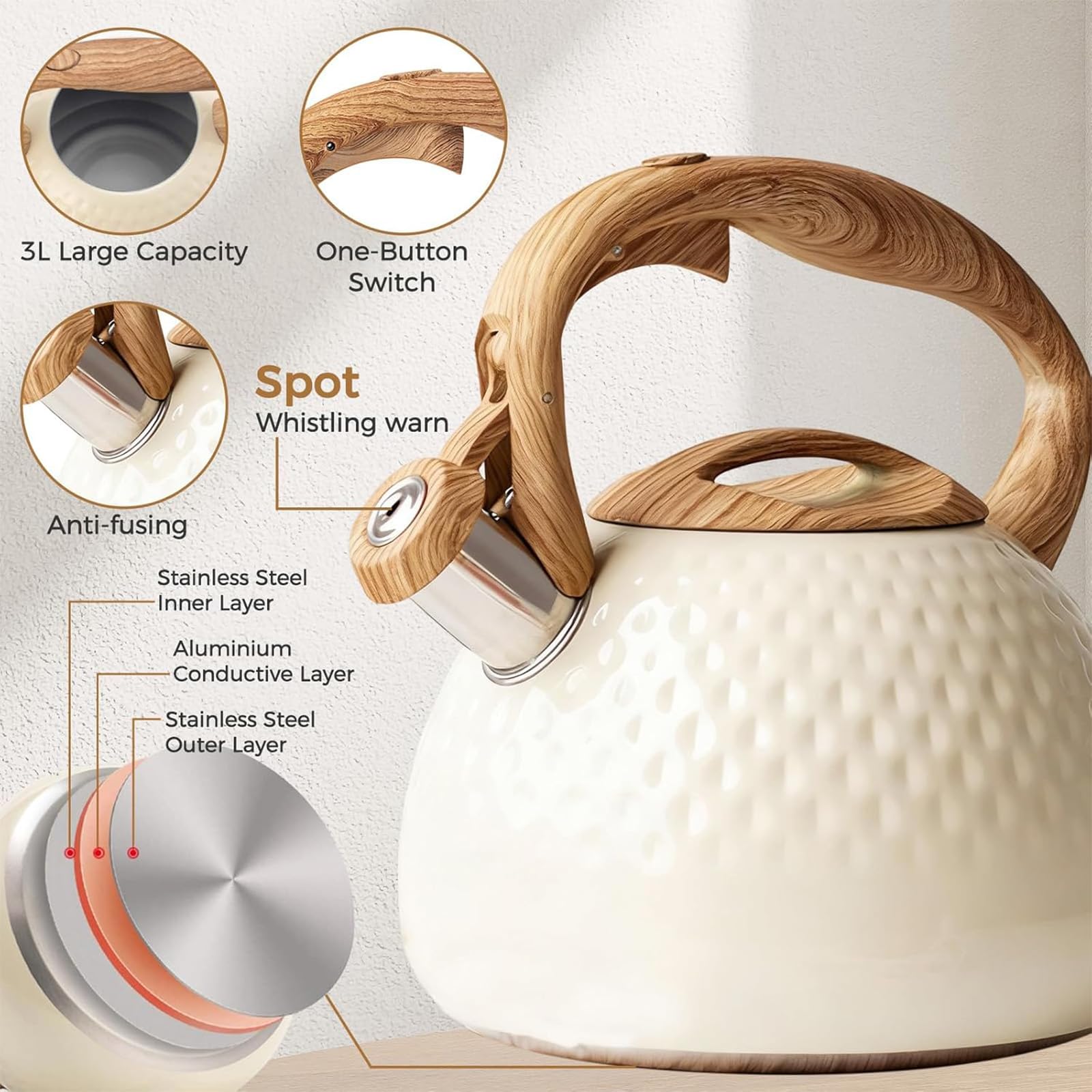 Tetera de acero inoxidable de 3 litros con silbato fuerte con asa