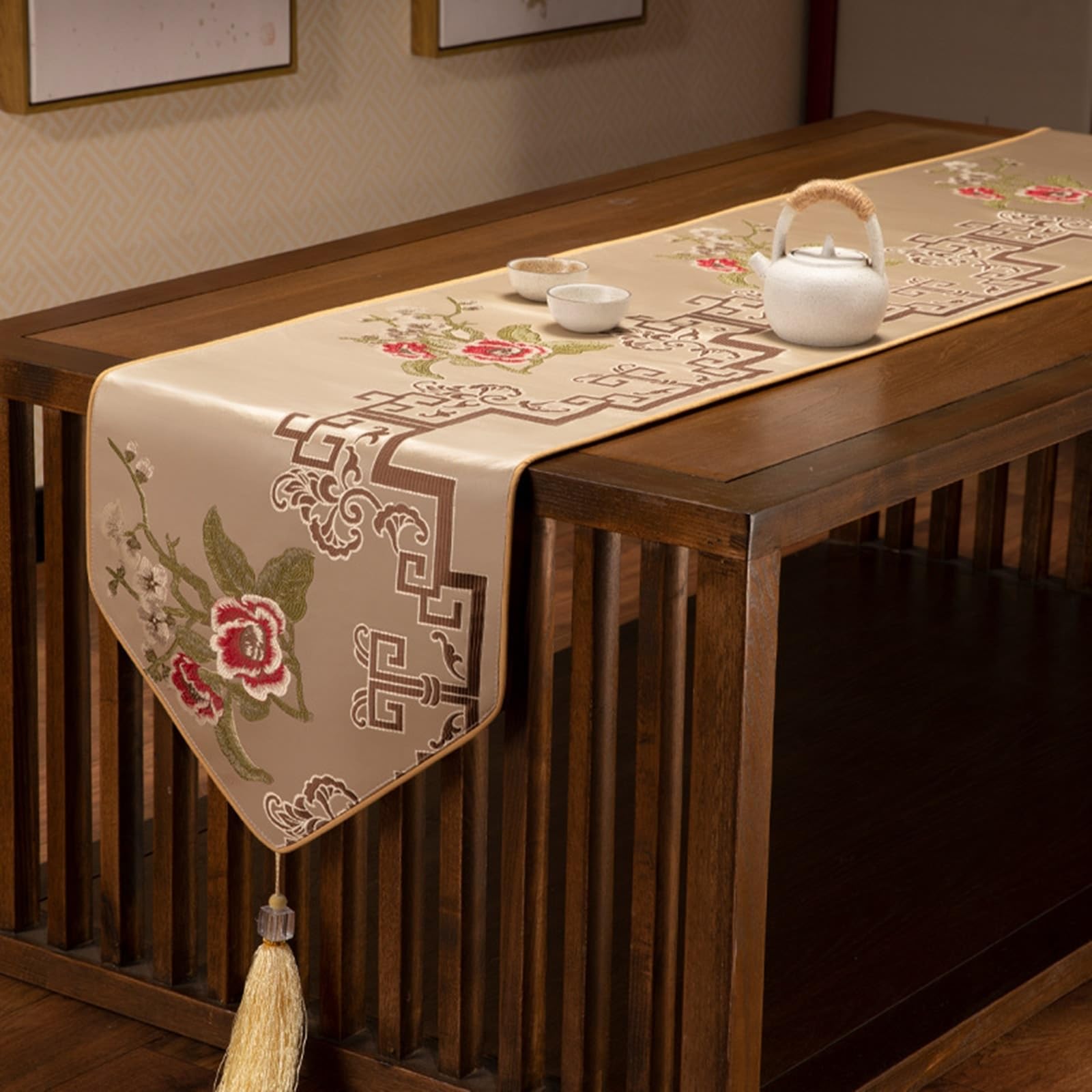 Bieżnik na stół 33 x 180 cm, styl Zen, kwiaty, liście, z frędzlami, bieżnik na stół, bieżnik kuchenny, dekoracja stołu, zmywalny, na wesela, beżowy, khaki