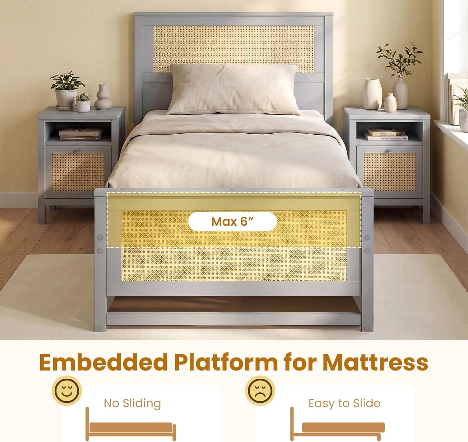 Giantex Rattan Bed Frame with 2 Storage Drawers, Twin Size Boho Platform Beds w/Headboard & Footboard, Wood Mattress Foundation, Twin Bed Frames for Kids Adults, No Box Spring Needed (Grey, Twin)