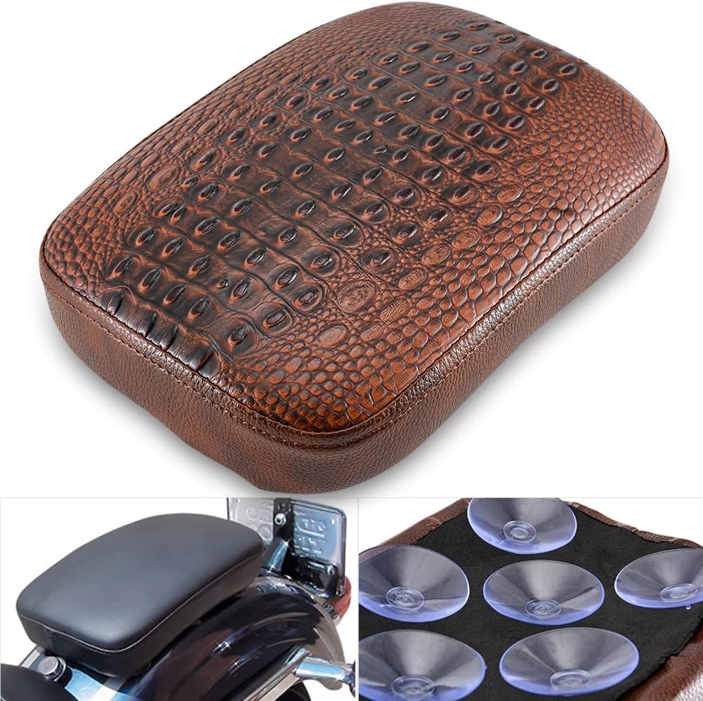 KATUR Seat Cushion Brown Crocodile Pattern Leather 8 Suction Cup Rear Pillion Passenger Pad Compatible with Harley Davidson Bobber Chopper