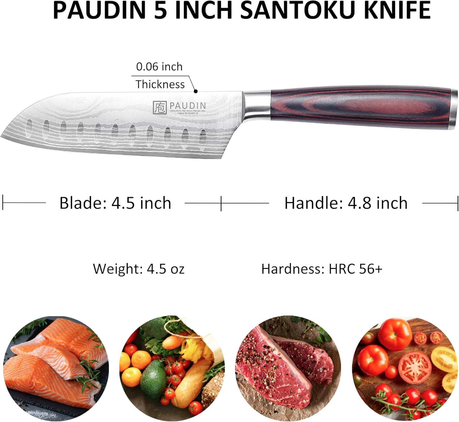 PAUDIN Santoku Knife, Chef Knife 5 inch Ultra Sharp Kitchen Knife, Japanese Chef Knife with Sheath, High Carbon Stainless Steel, Ergonomic Pakkawood Handle - Image 2