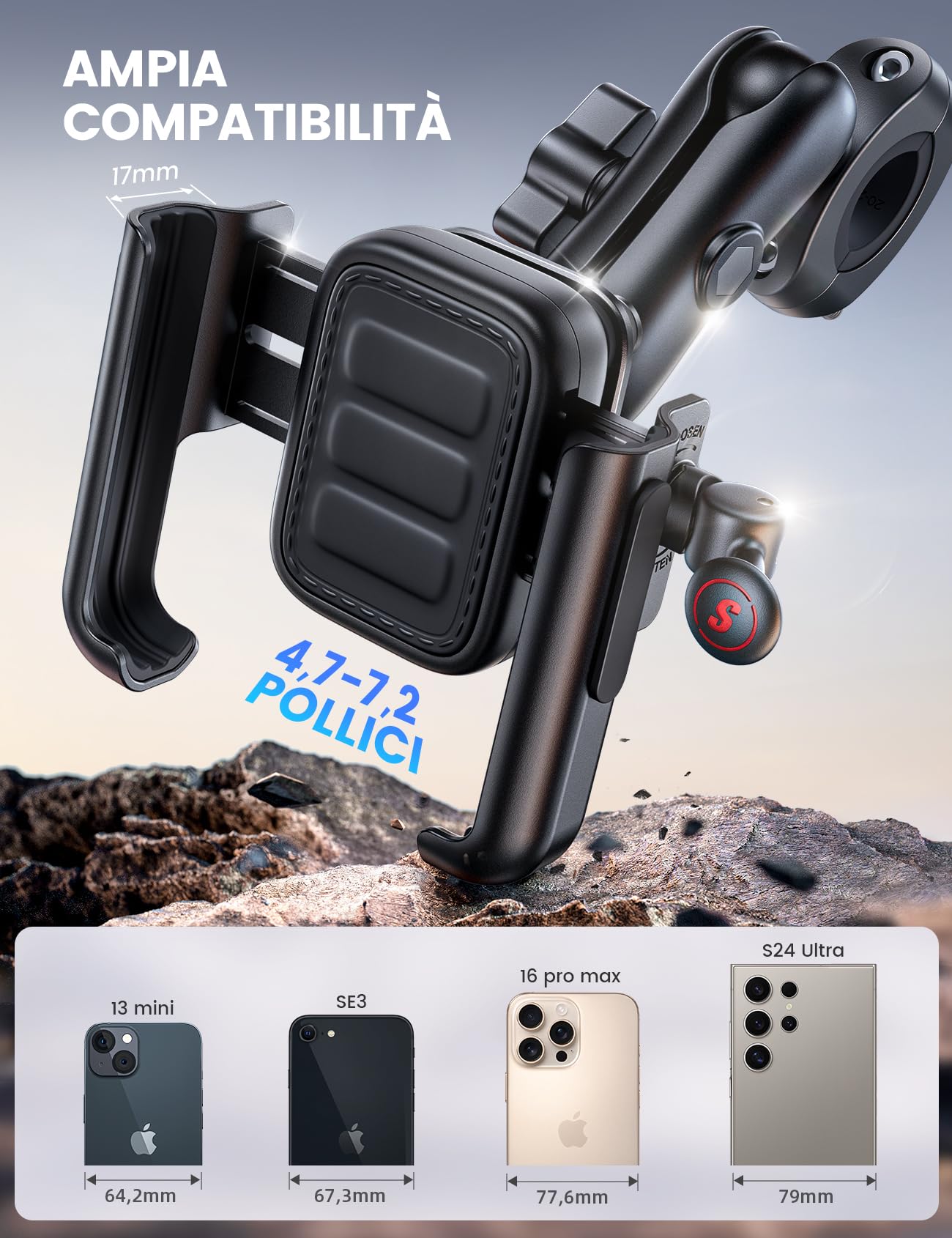 Lamicall Supporto Telefono Moto Antifurto - [Antivibrazione][Tutto Metallo] | Braccio Retrattile, 2 x 360° Rotazione, Non Blocca Telecamera, Porta Telefono Bici per iPhone 17 16 15 e 4,7-7,2" Smartphone