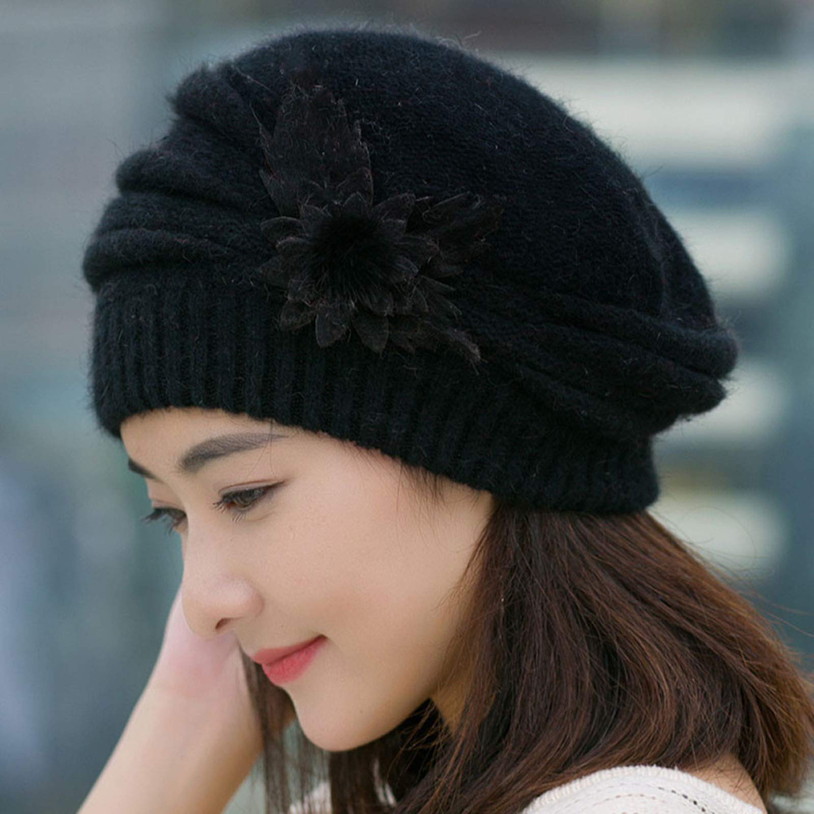 Zimowa Ciepła Czapka Moda Damska Kwiatowa Dzianinowa Szydełkowa Czapka Zimowa Ciepła Czapka Beret Beret Czapka Z Szalikiem/Black/One Size