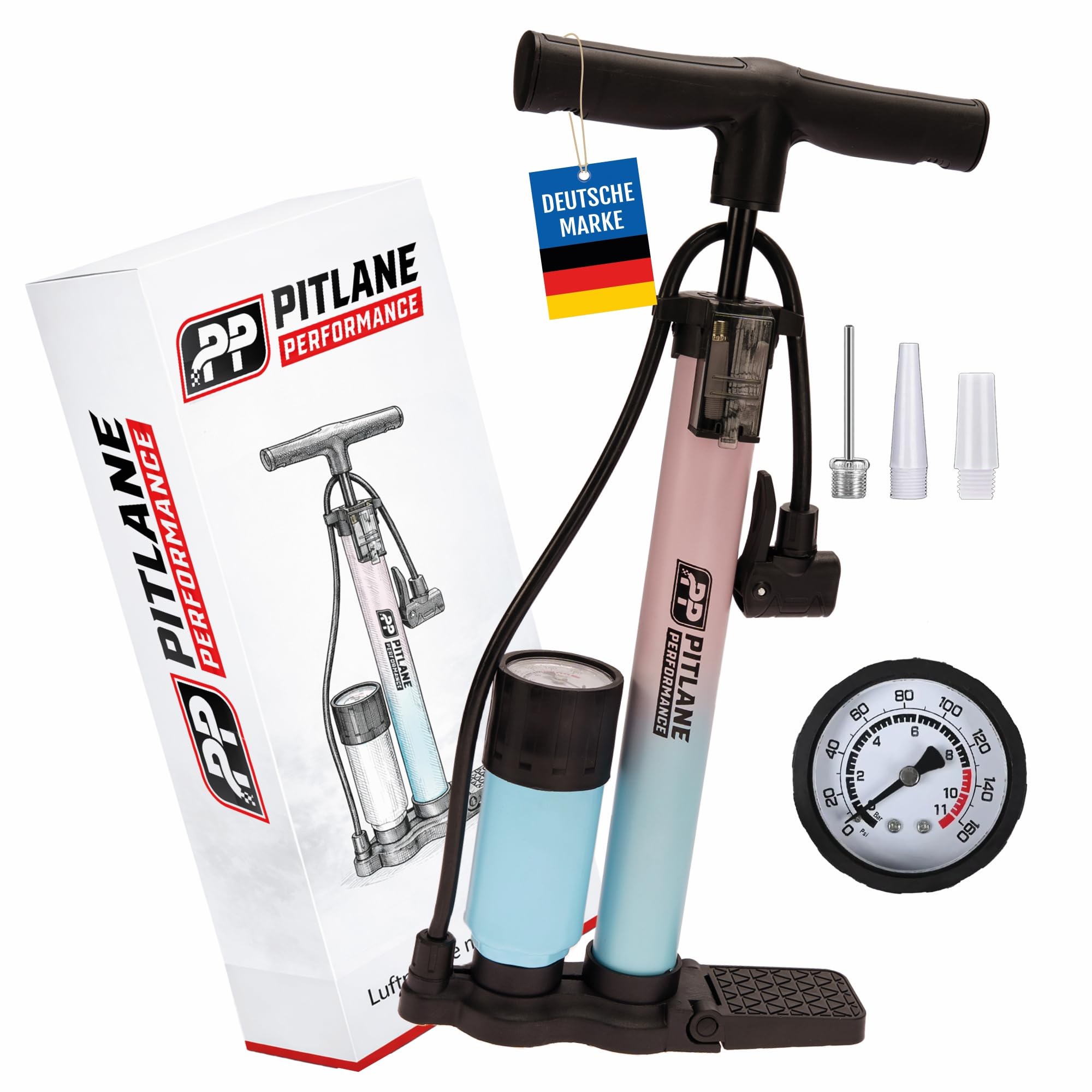 Bomba de Aire con manómetro 42 cm Bomba de pie con barómetro hasta 11 Bares Compatible con válvulas Schrader, Presta Dunlop