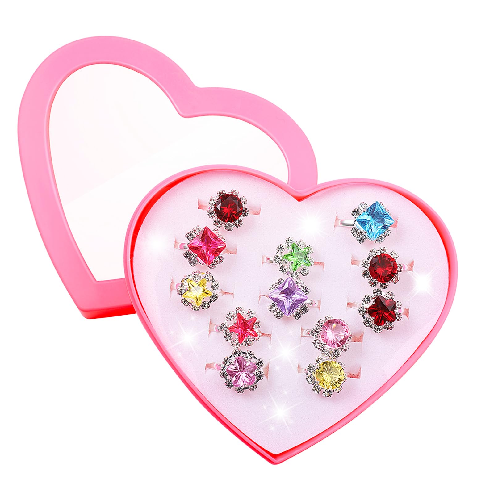 12PCS Kids Rings for Girls: Adjustable Princess Finger Ring Set with Heart Shape Box for Children Birthday Pretend Play Party Favor Supply