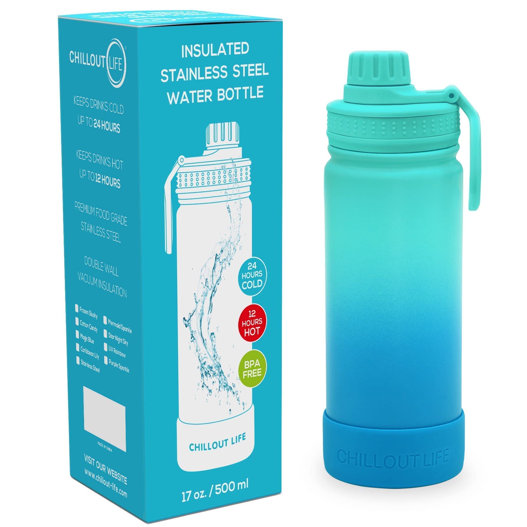 CHILLOUT LIFE 17 oz Kids Insulated Water Bottle for School with Leakproof Spout Lid and Cute Waterproof Stickers, Personalized Stainless Steel Thermos