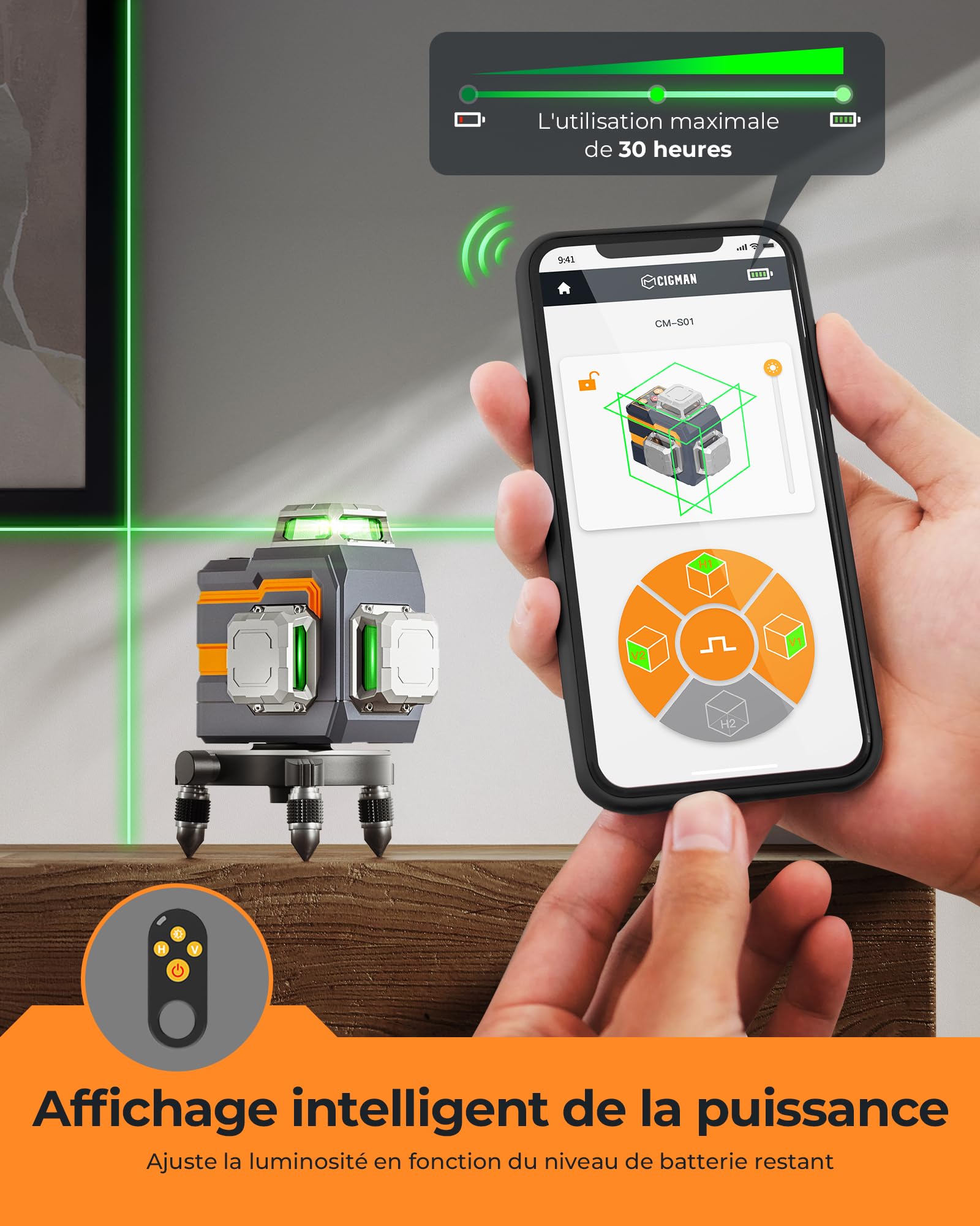 CIGMAN Niveau laser vert, télécommande sans fil Bluetooth par application, niveau laser auto-nivelant avec outil de niveau laser à lignes transversales 3 x 360°, ligne horizontale/verticale, avec supp