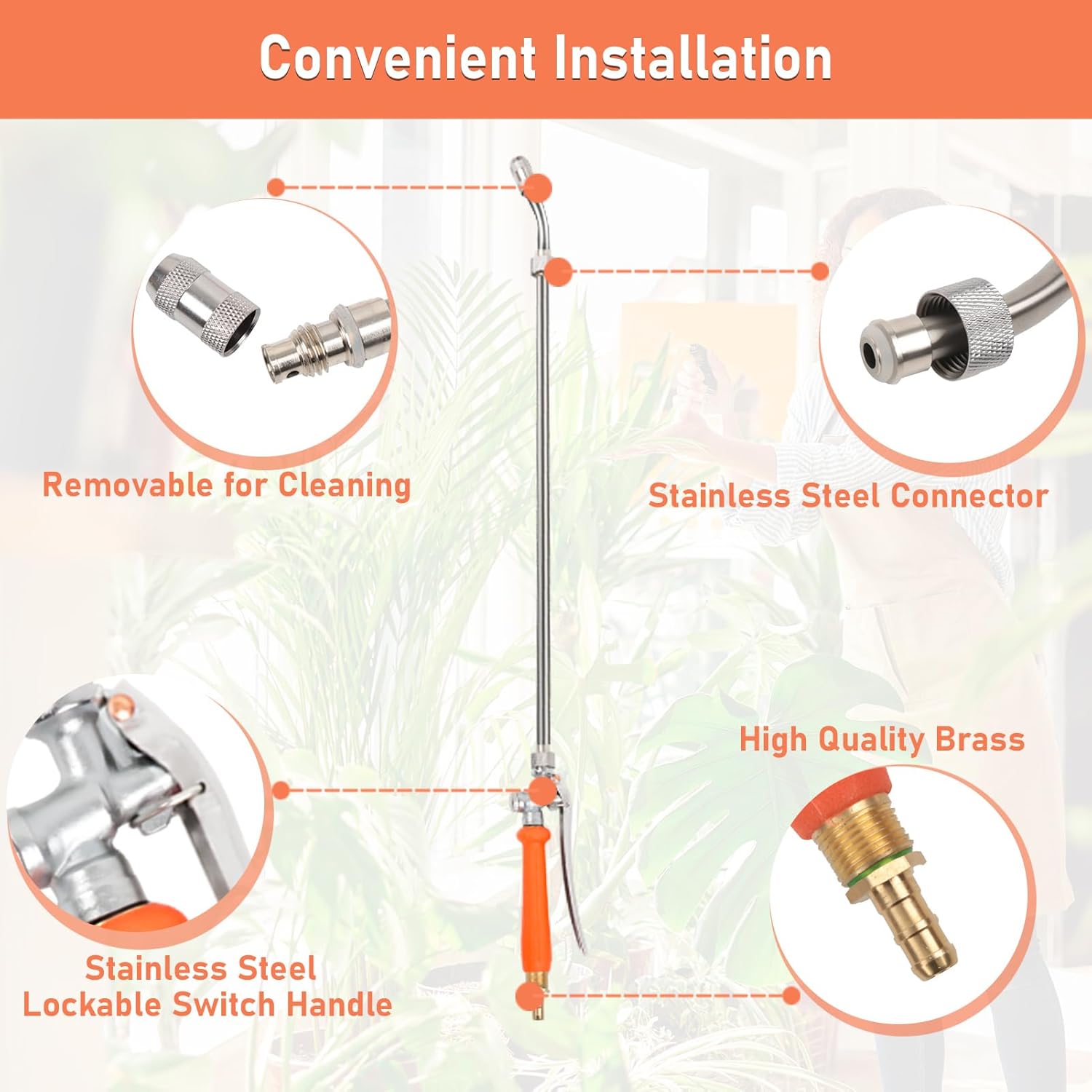 2 Piece Sprayer Wand, Suitable for 1/2 Hose Quick Connector, 1/4" & 3/8" Brass Barb Sprayer Wand Replacement Built-in Shut Valve Stainless Steel Spray Wand, W/ 4 Hose Clamps & 4 Rolls Raw Tape