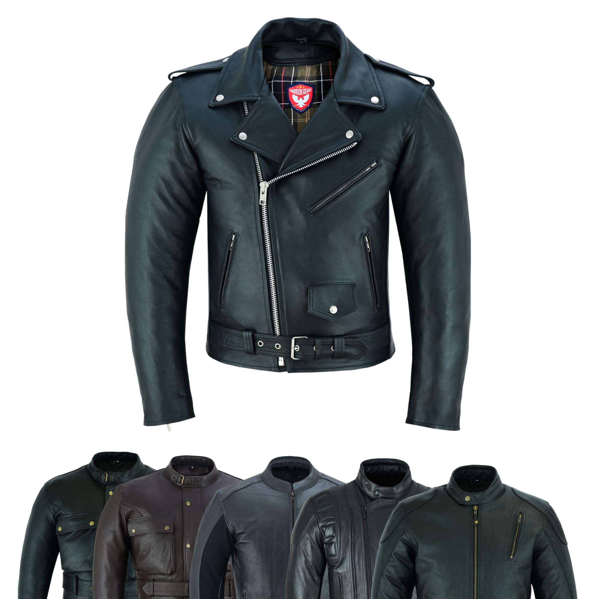 warrior gears Brando Leather Motorcycle Jacket for men Soft Genuine Leather biker Jackets Perfecto Marlo with CE Removable Armors (L, Black-MJ1004)
