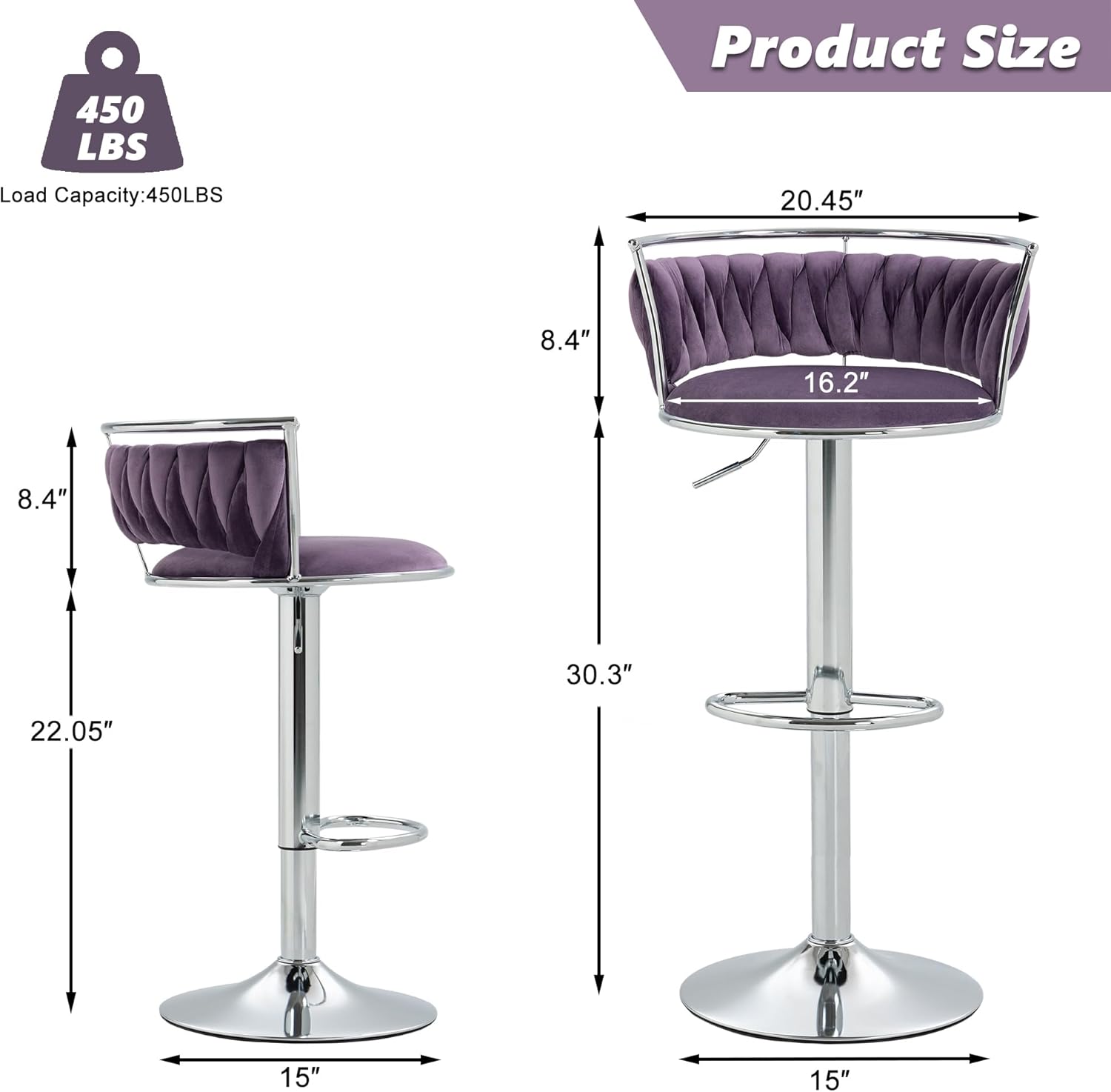 2 Pack Velvet Bar Stools Swivel Adjustable Height Counter Stools with Low Back & Footrest, Modern Silver Frame Bar Stools for Kitchen Island, Bar - Purple