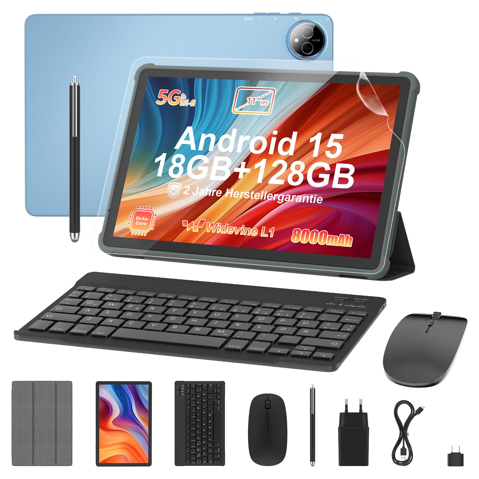 AWOW Tablet 11 Zoll mit Tastatur: Android 15 8000mAh Octa-Core 18GB+128GB 2TB TF Tablet PC - WiFi 6 BT 5.2, 13MP+5MP Kamera mit Maus, USB C, Adapter, Hülle, OTG-Adapter, Stift, Schutzfolie