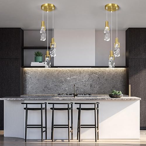 Miniatura 10 de LBSQJ Modernas luces colgantes doradas para isla de cocina, mini lámparas colgantes de imitación transparente con forma de piedra para comedor,