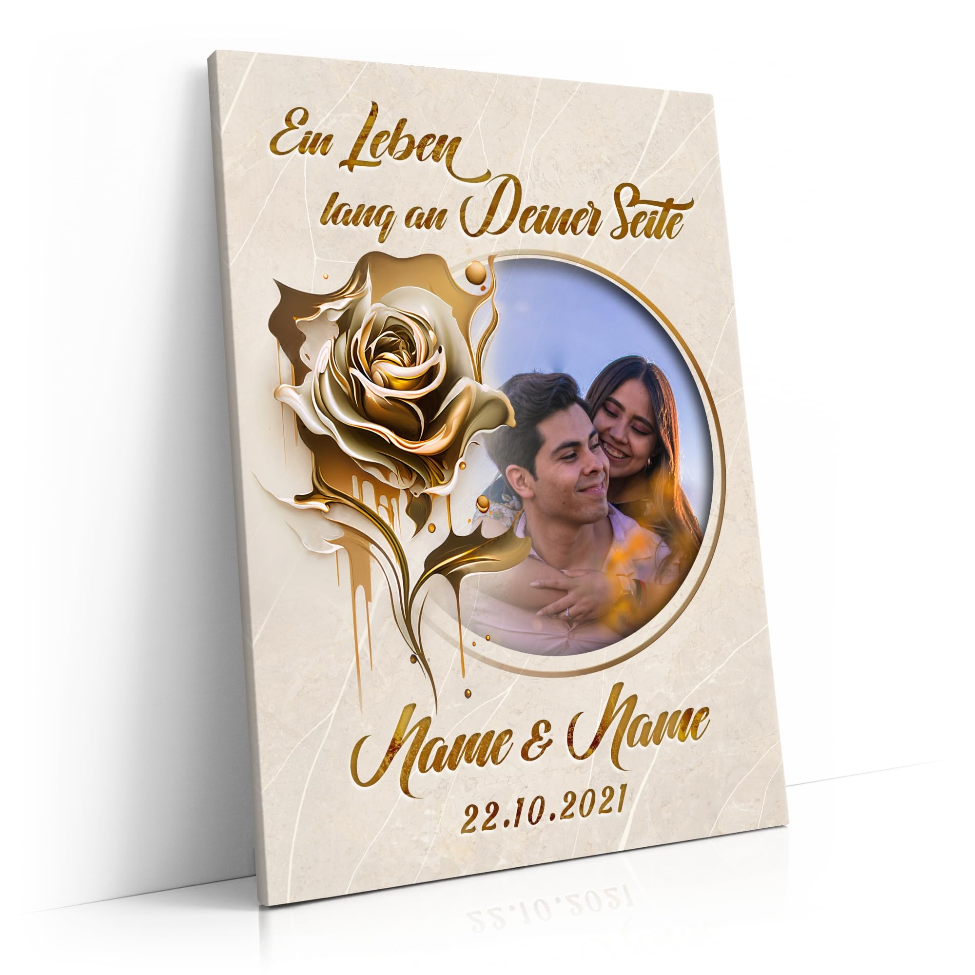 Liebesleinwand Personalisiertes Foto-Leinwandbild gestalten | Ewige Goldblüte | Geschenk zum Jahrestag, Hochzeitstag, Verlobung, Hochzeit | Leinwandbild gestalten mit Foto, Namen und Datum