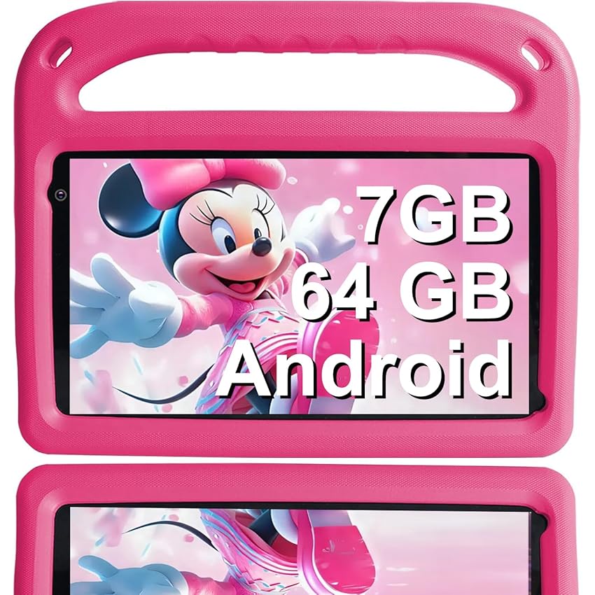 GOODTEL Tablet Android da 7 pollici｜Sistema Android da 7 GB + 64 GB di memoria｜Bluetooth｜GPS｜Doppia fotocamera ｜Giochi educativi｜ Gestione del tempo｜EVA Custodia antigoccia (Rosa)