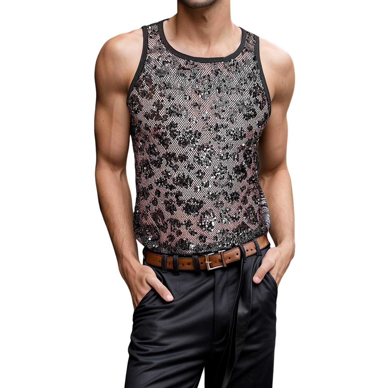 Men's Carnival Costumes Sequin Tank Top Party New Year's Eve Fancy Dress Tank Tops Disco Outfit Night Club Armpit Shirts Festive New Year's Eve Summer Shirts Sleeveless Glitter Shirt
