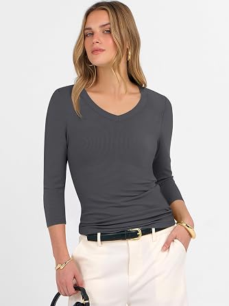 ANRABESS Womens 3/4 Length Sleeve Ribbed Knit Tops&Shirts, V Neck Slim Fit Soft Medium Stretch, Summer Casual Basic Outfits