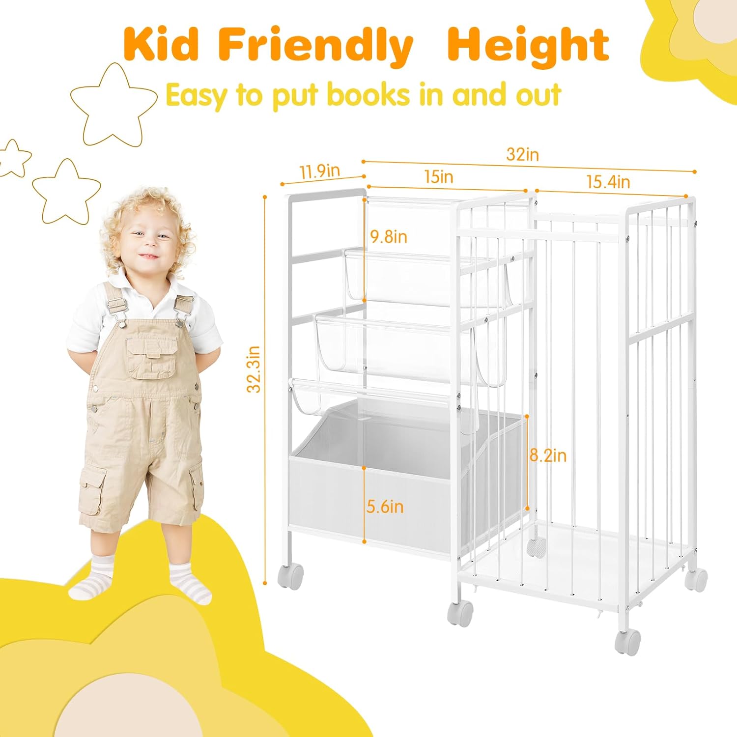 Kids Bookshelf and Stuffed Animal Storage，3-in-1 Metal Toy Shelf with Wheels，Toddler Bookshelf with PVC Display Shelf & Toy Box，Sturdy Toy Organizer and Montessori Book Shelf for Kids Room，Playroom