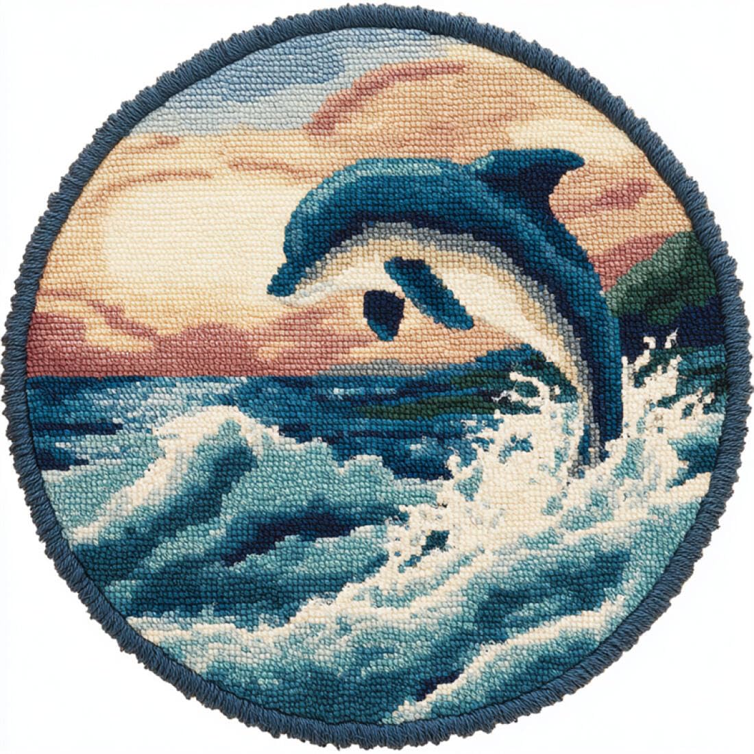 Rqwybcaxn DIY Latch Hook Rug Making Kits for Adults Animal Crochet Hooks Set Dolphins and Waves 50x50cm Round Tapestry with Crochet Hook Living Room Craft Gift