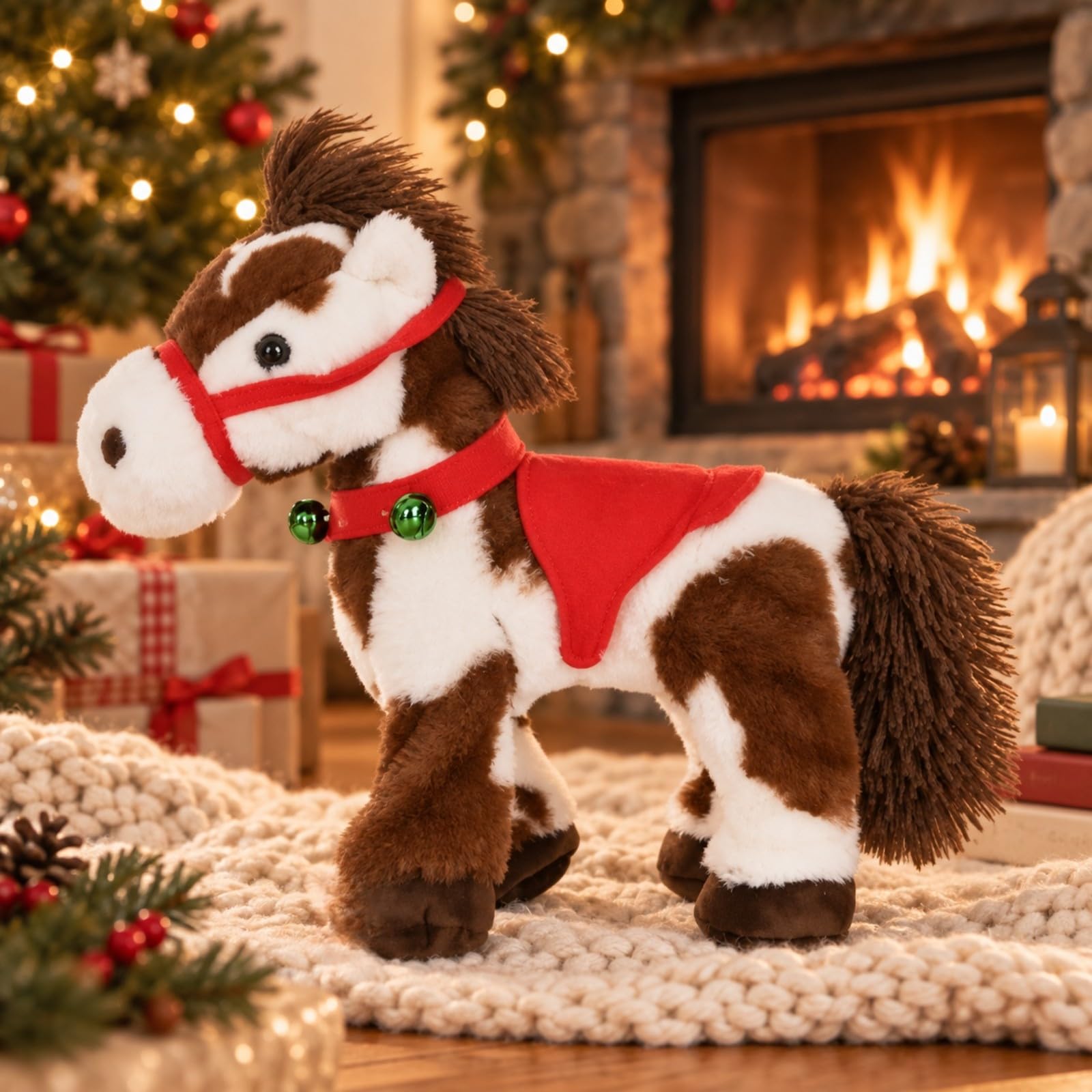 Peluche Maculato e Bianco Imbottito di Peluche con Redini Rosse Interattivo Giocattolo per Bambini, Area Giochi