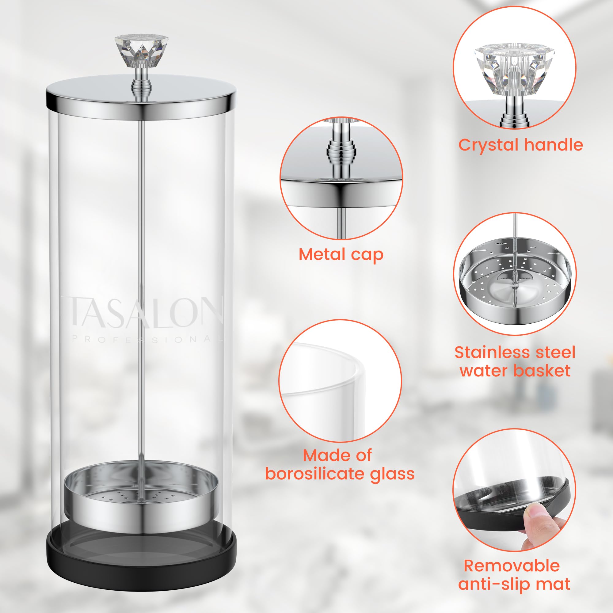 TASALON Bocal de barbier (1,3 l) avec poignée en cristal – Pot désinfectant pour salon, spa et magasin de manucure – Récipient de stérilisation en verre durable avec panier amovible en acier