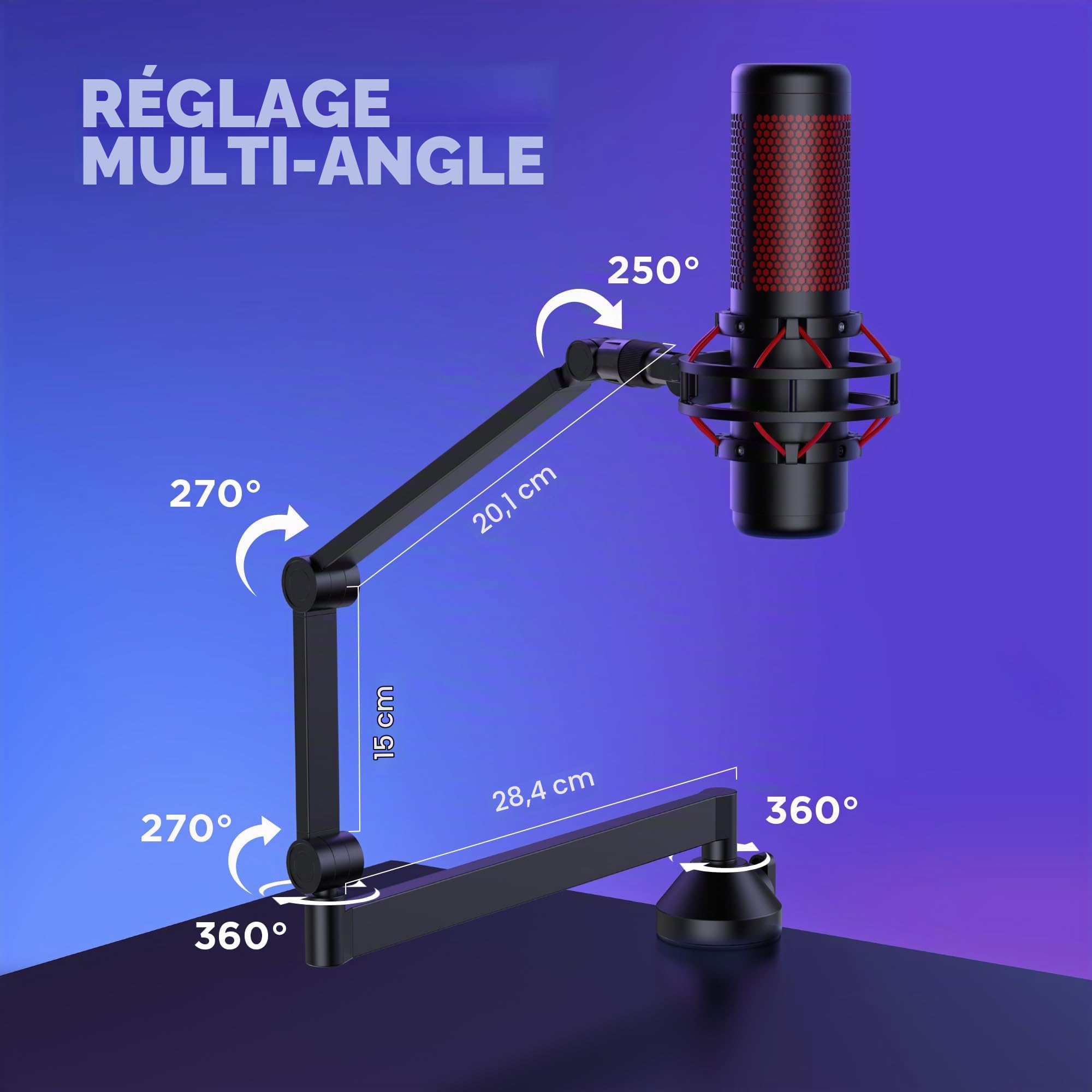 InnoGear Bras de micro à profil bas, rotatif à 360 °, bras de microphone pliable avec adaptateur de 0,95 cm à 1,5 cm pour Fifine AM8 K669B Blue Yeti HyperX QuadCast SoloCast AT2020 et autres micros